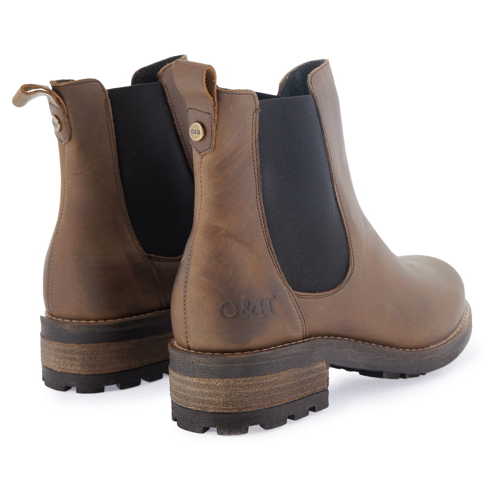 Rear angled view of dark brown Bridge Chelsea 2 boots showing heel and pull tabs