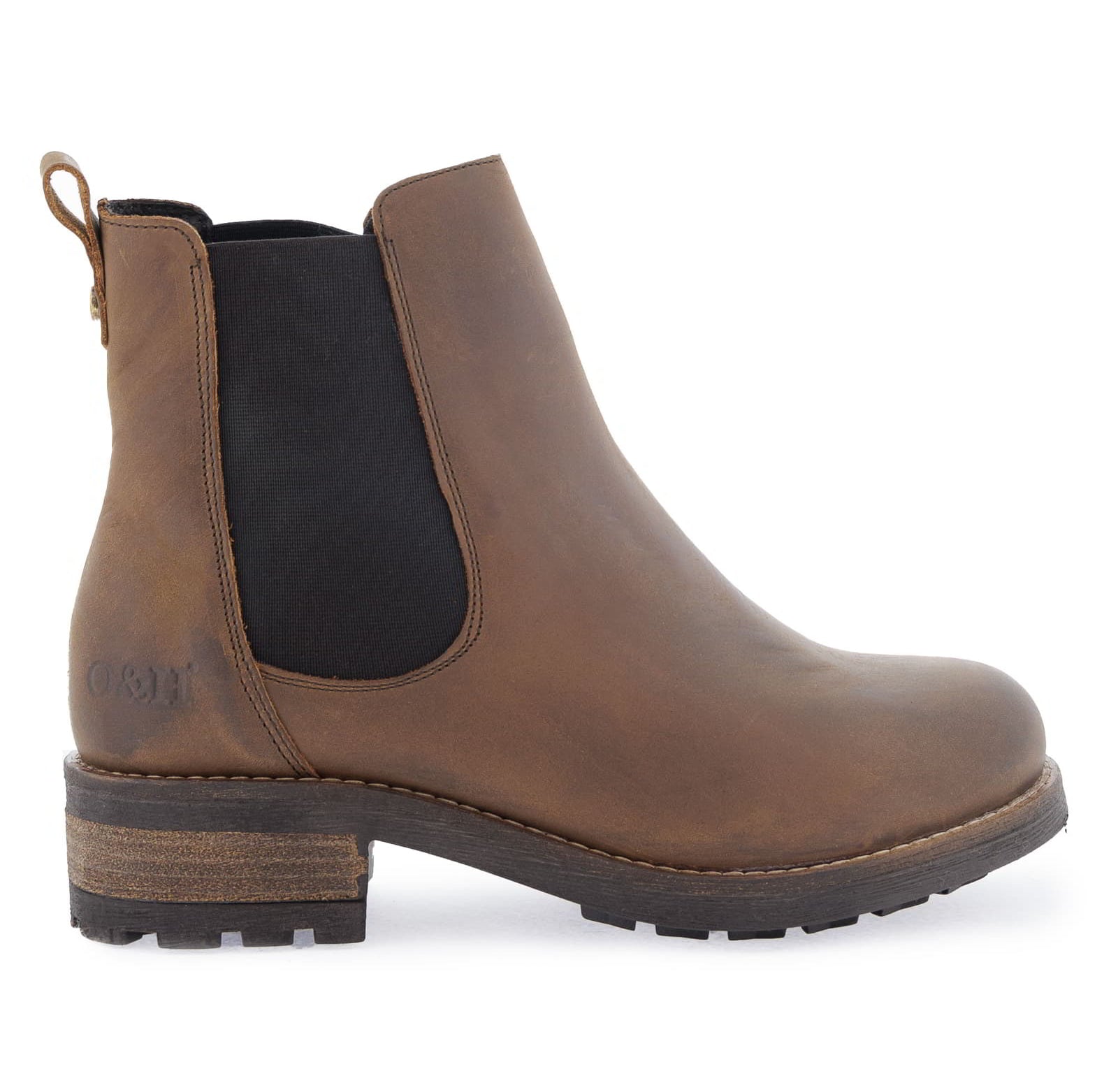 Side profile of dark brown Bridge Chelsea 2 boots showing elastic side panel