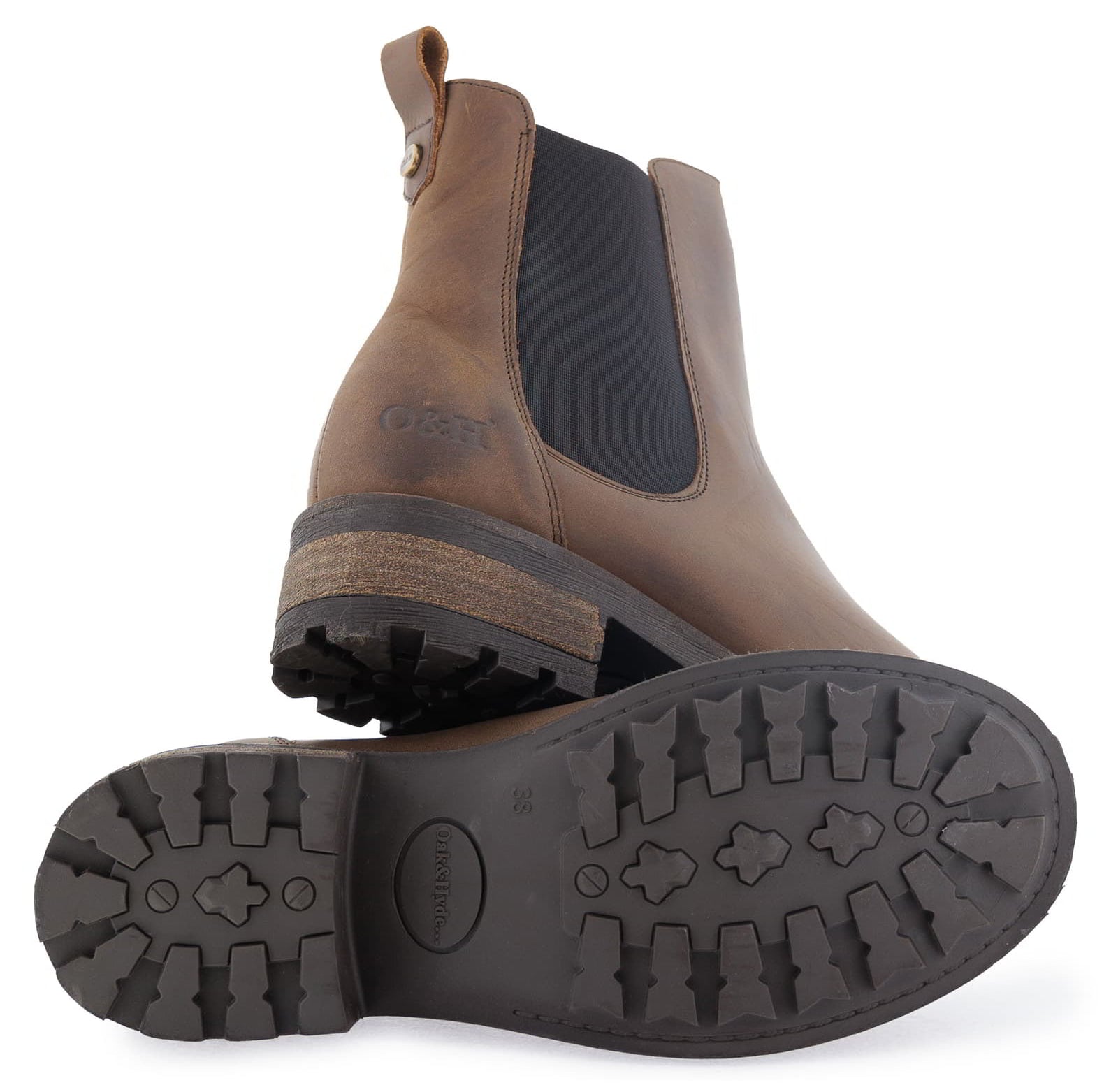 Outsole of dark brown Bridge Chelsea 2 boots showing tread pattern