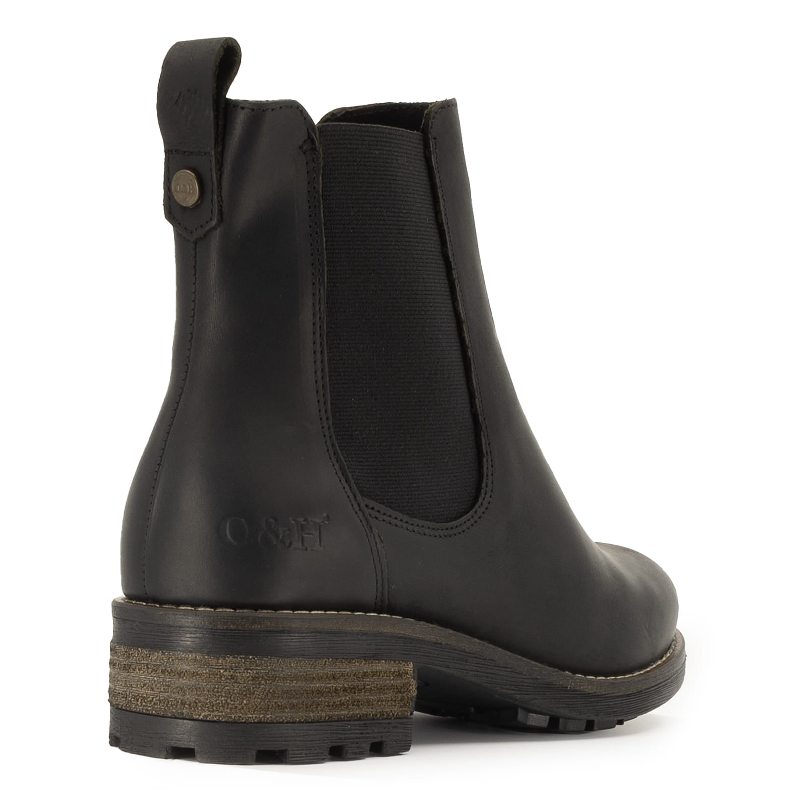Rear angled view of black Bridge Chelsea 2 boots showing heel and pull tabs