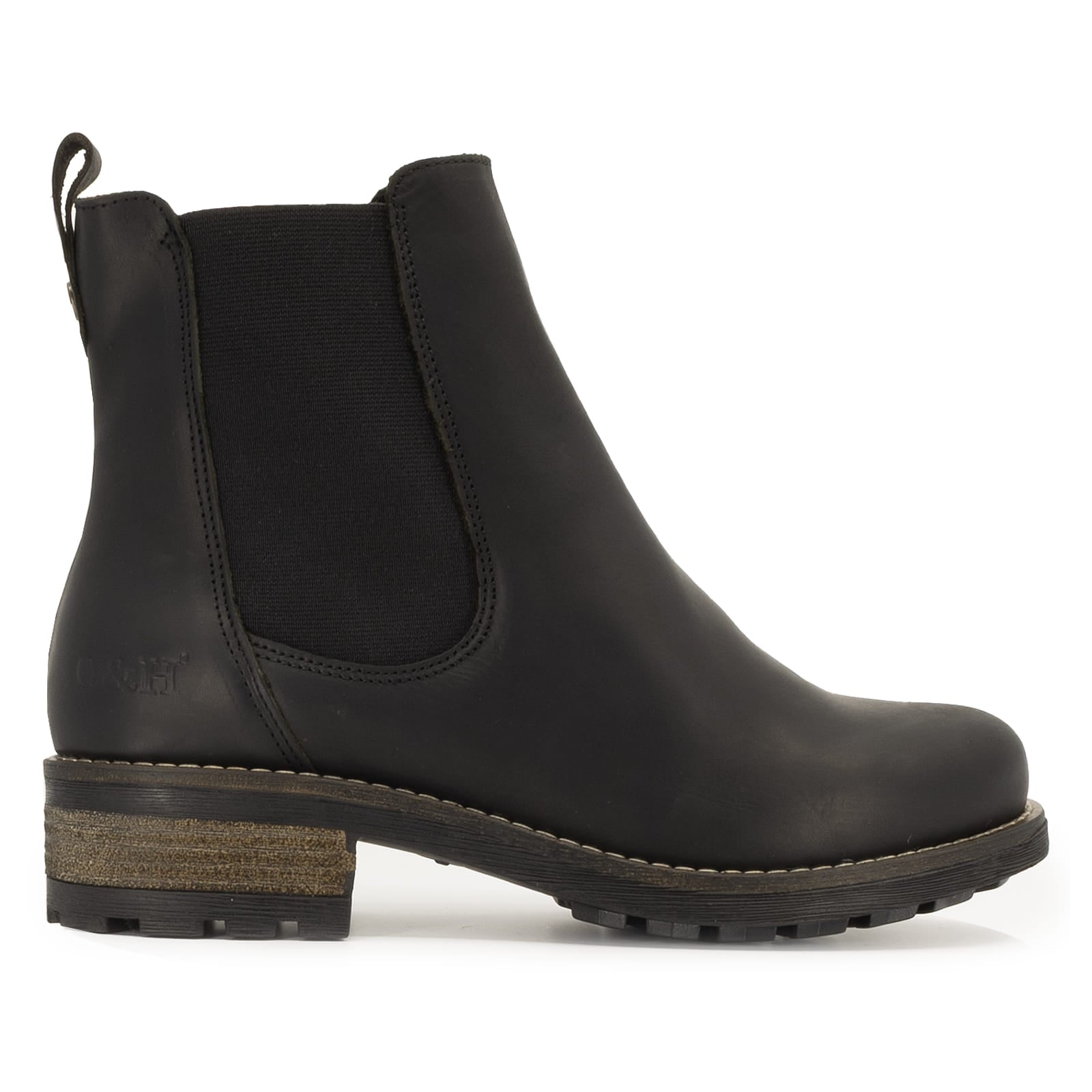 side profile view of black bridge chelsea boots showing leather upper and branding