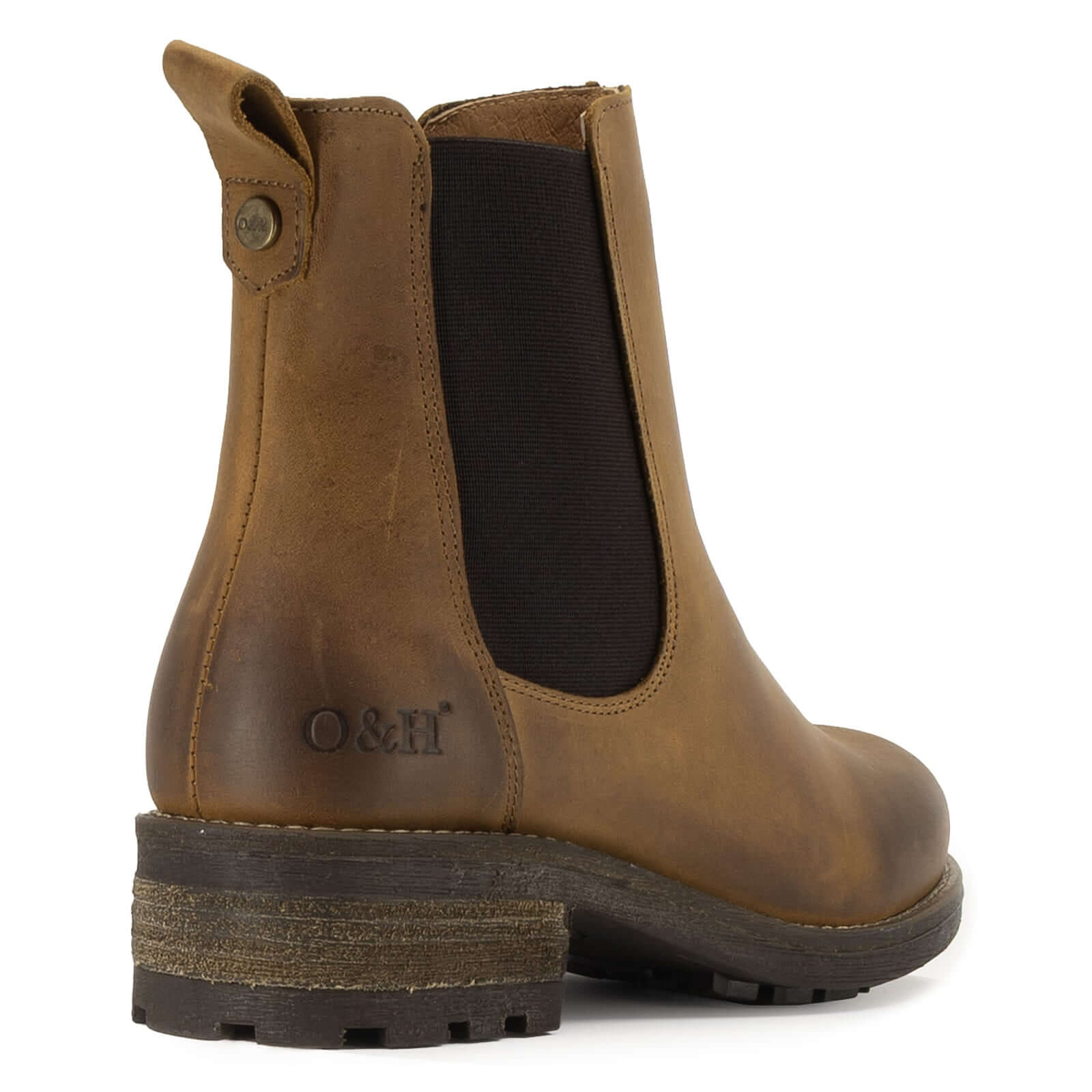 Rear angled view of cognac Bridge Chelsea 2 boots showing heel and pull tab