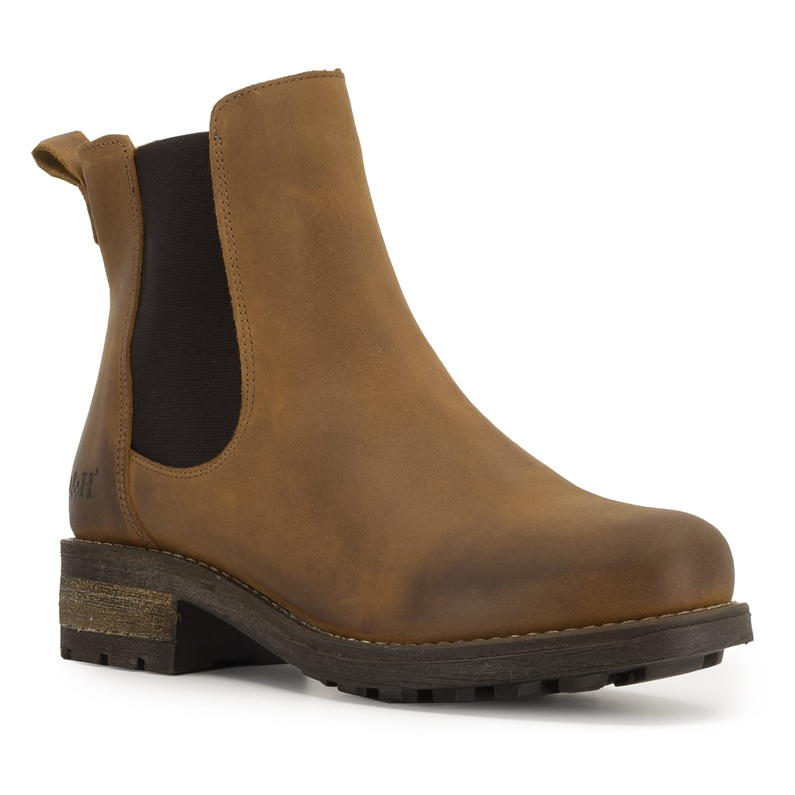 Front angled view of cognac Bridge Chelsea 2 boots highlighting smooth leather upper