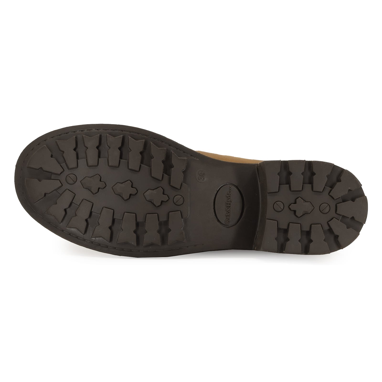 outsole of cognac bridge chelsea 2 highlighting branding and block heel
