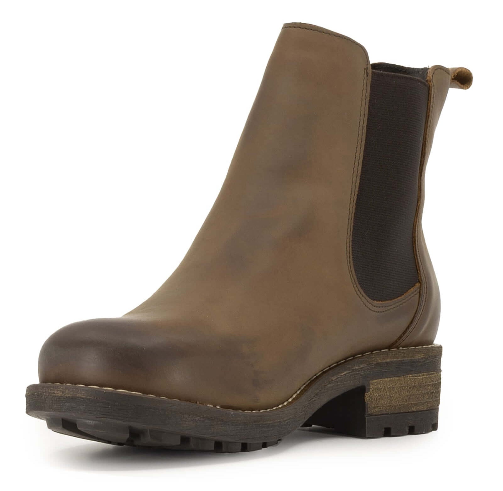 front on view of brown bridge chelsea boots showing toe and leather upper