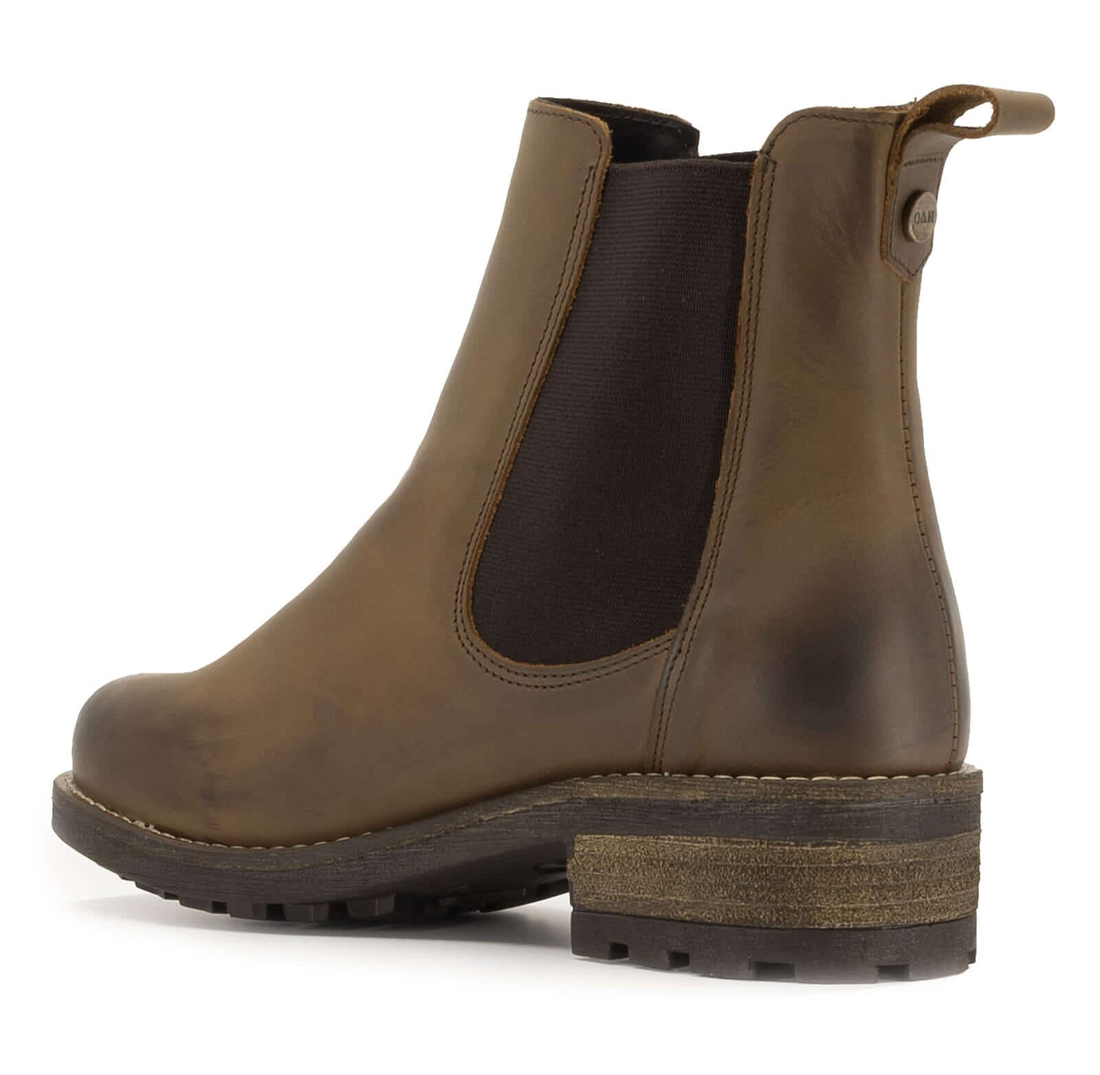 rear view of brown bridge chelsea boots showing block heel and elastic gusset