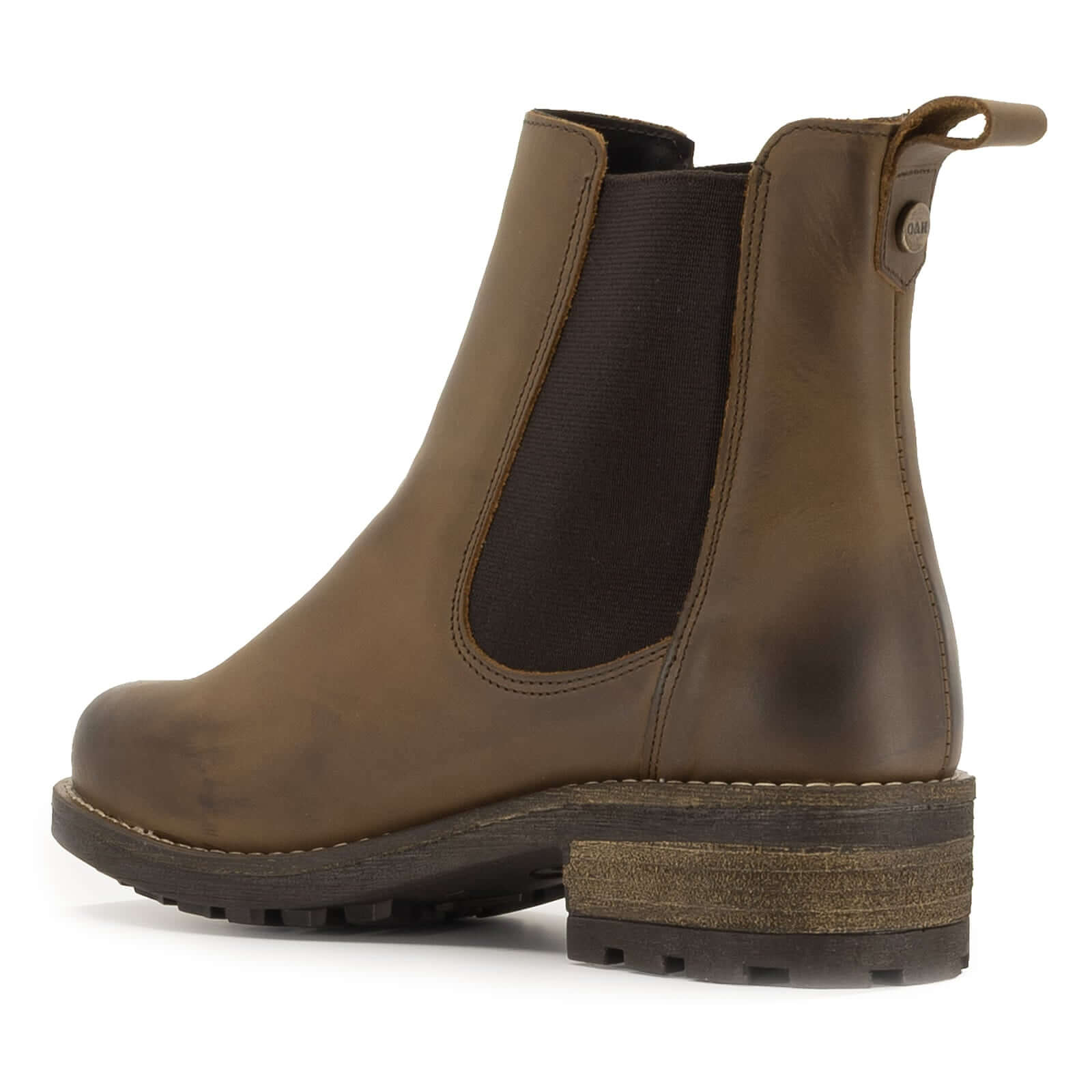 rear view of brown bridge chelsea boots showing block heel and elastic gusset