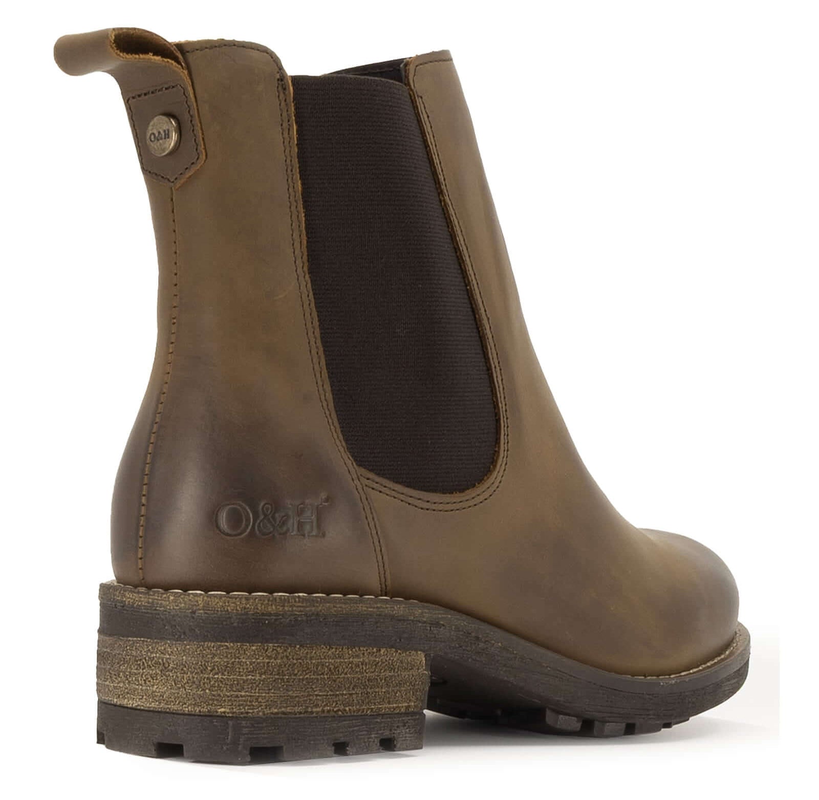 Rear angled view of dark brown Bridge Chelsea 2 boots showing heel and pull tabs