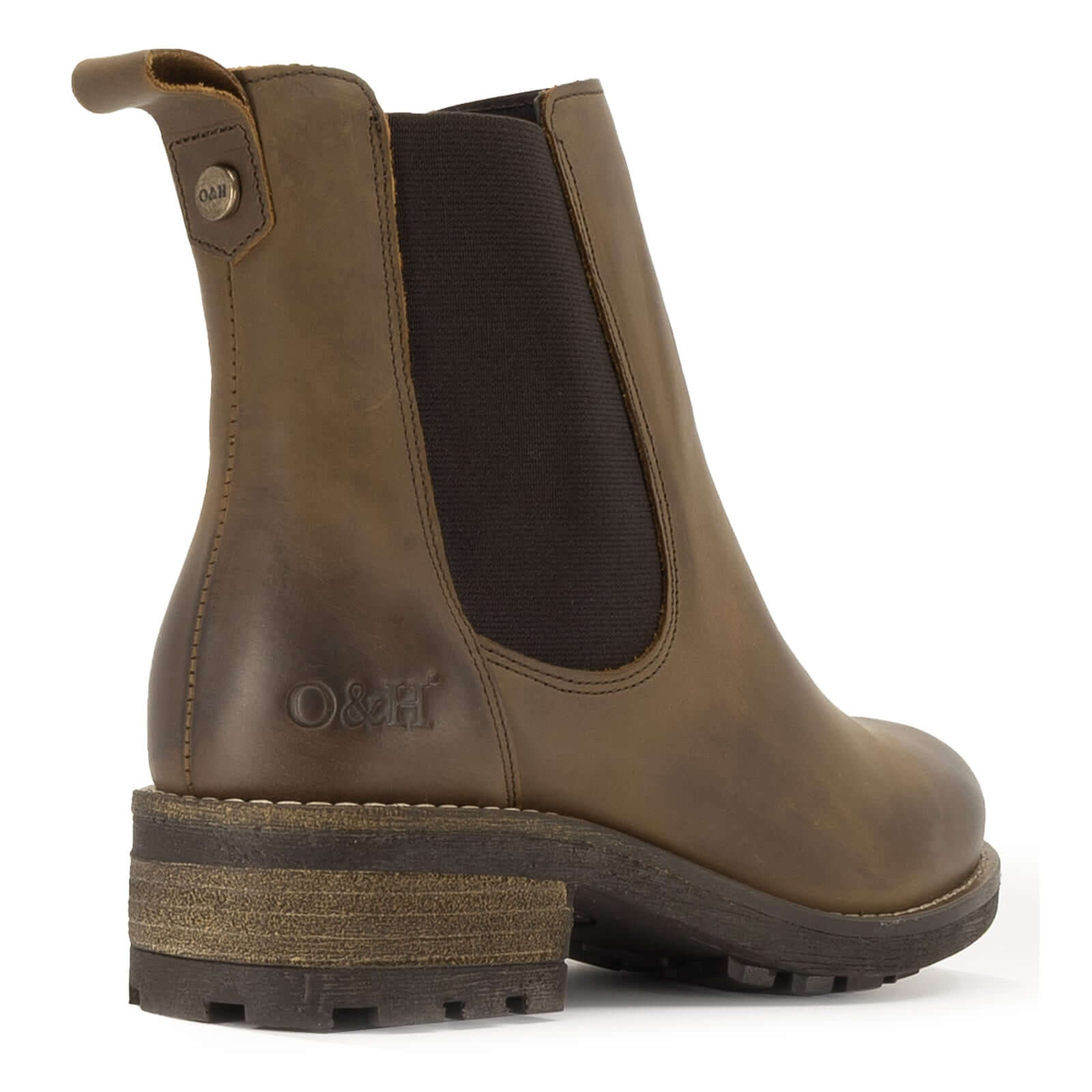 Rear angled view of dark brown Bridge Chelsea 2 boots showing heel and pull tabs