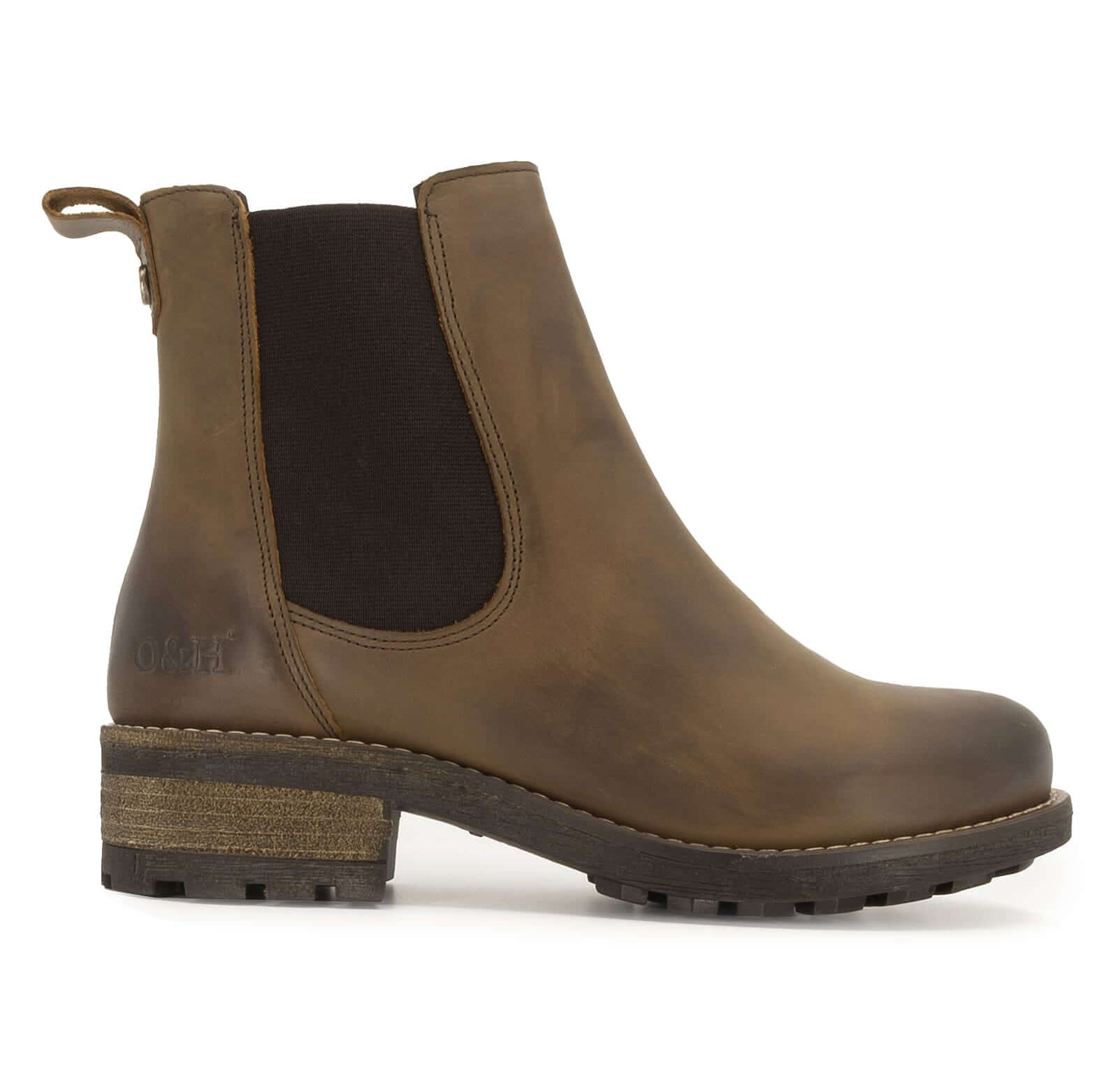 Side profile of dark brown Bridge Chelsea 2 boots showing elastic side panel