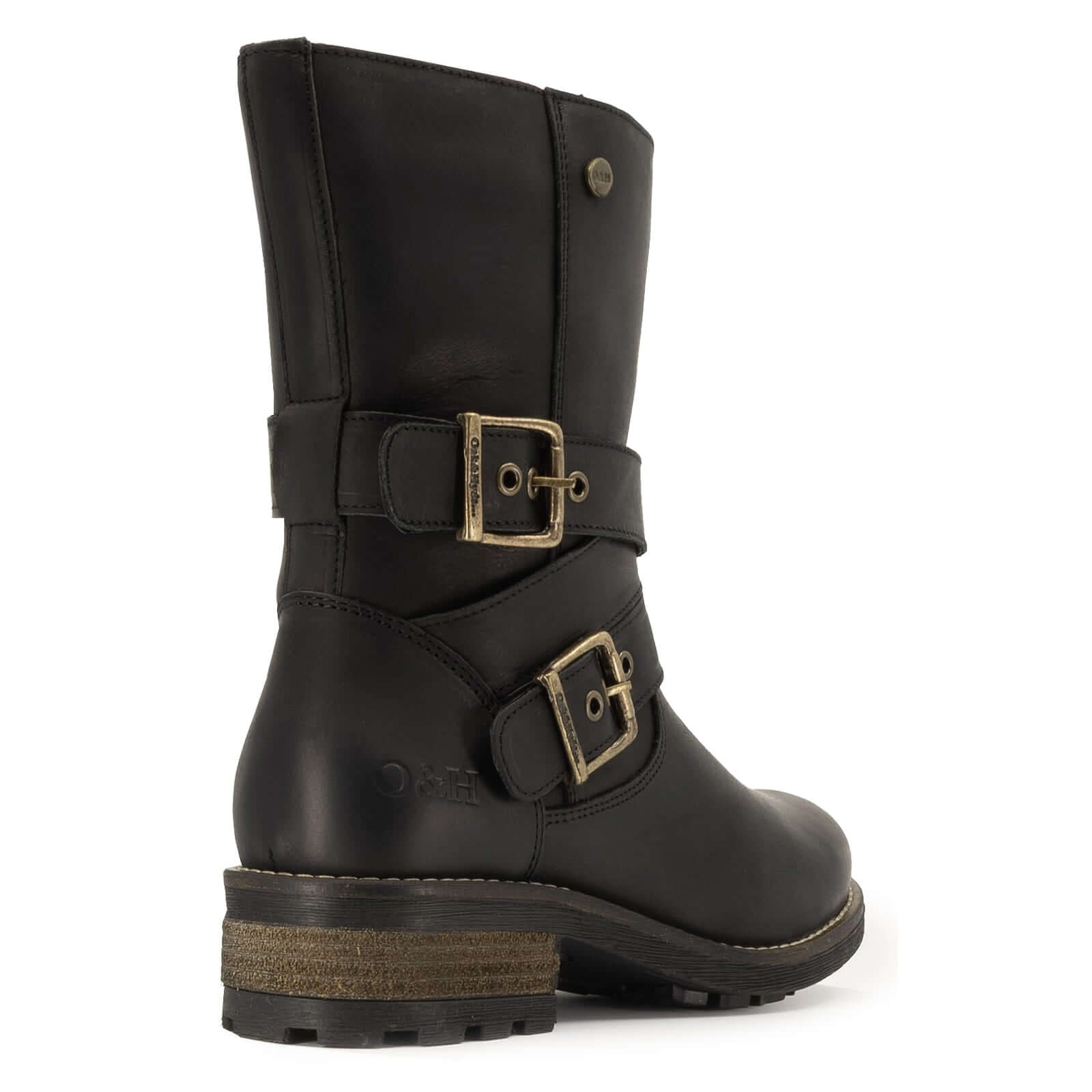 Rear angled view of black Bridge Demi 2 ankle boots showing heel and back seam