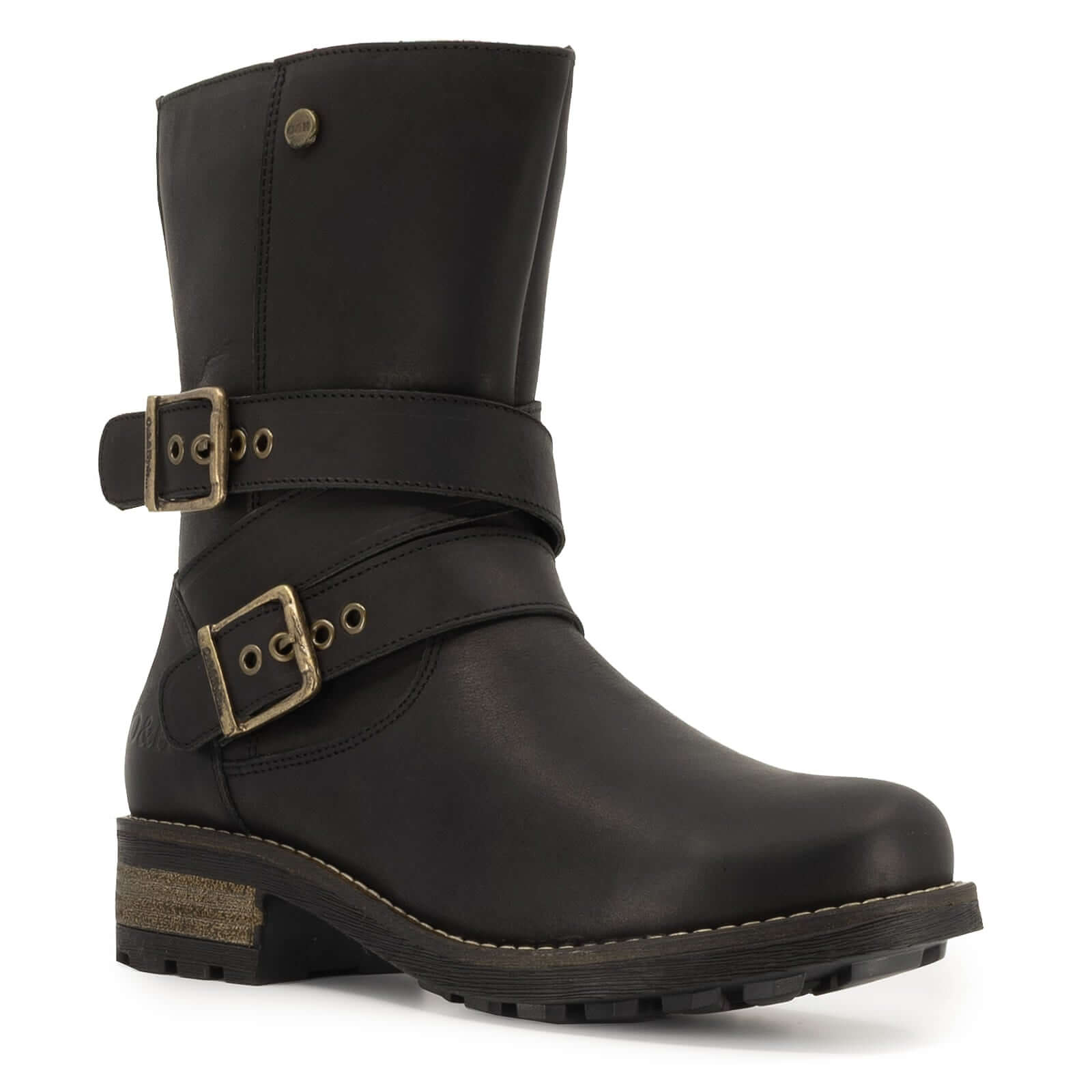 Front angled view of black Bridge Demi 2 ankle boots with double buckle fastening