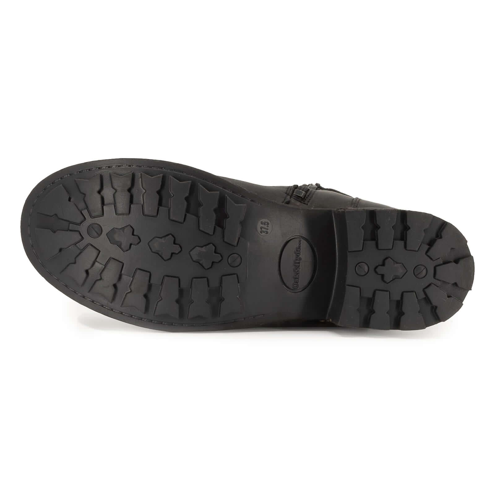 Outsole of black Bridge Demi 2 ankle boots showing tread pattern