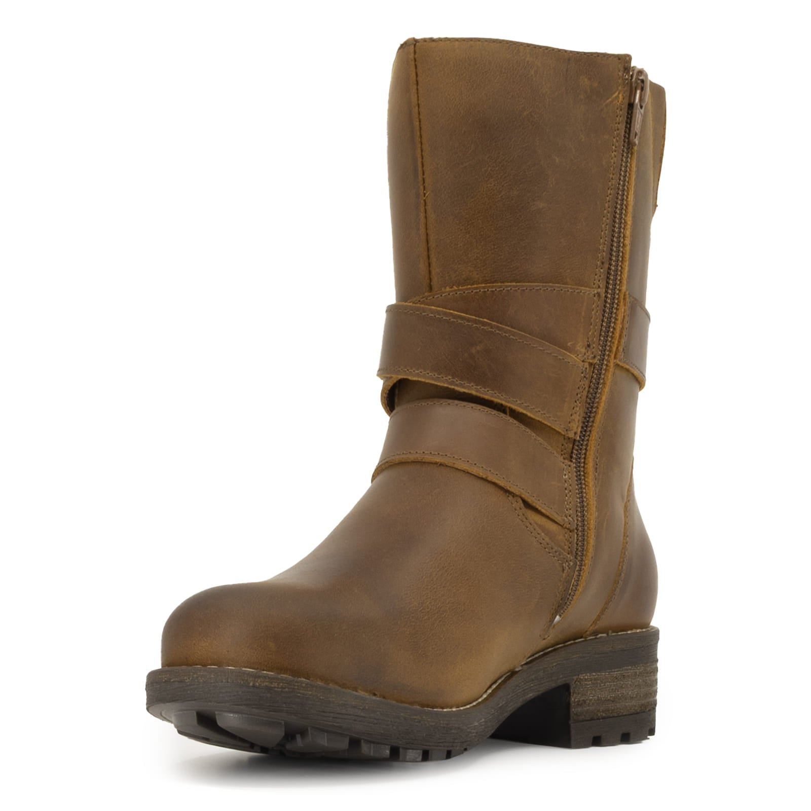 Inner side view of cognac Bridge Demi 2 ankle boots showing leather upper and strap