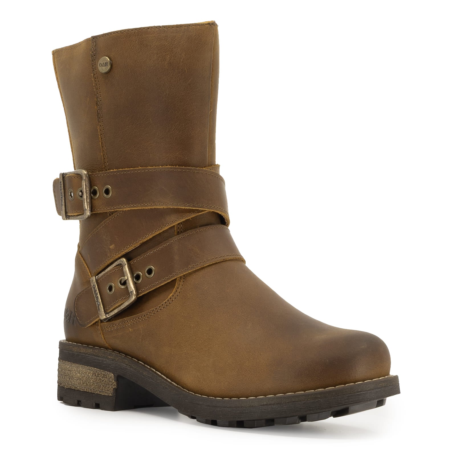 Front angled view of cognac Bridge Demi 2 ankle boots with buckle strap detail