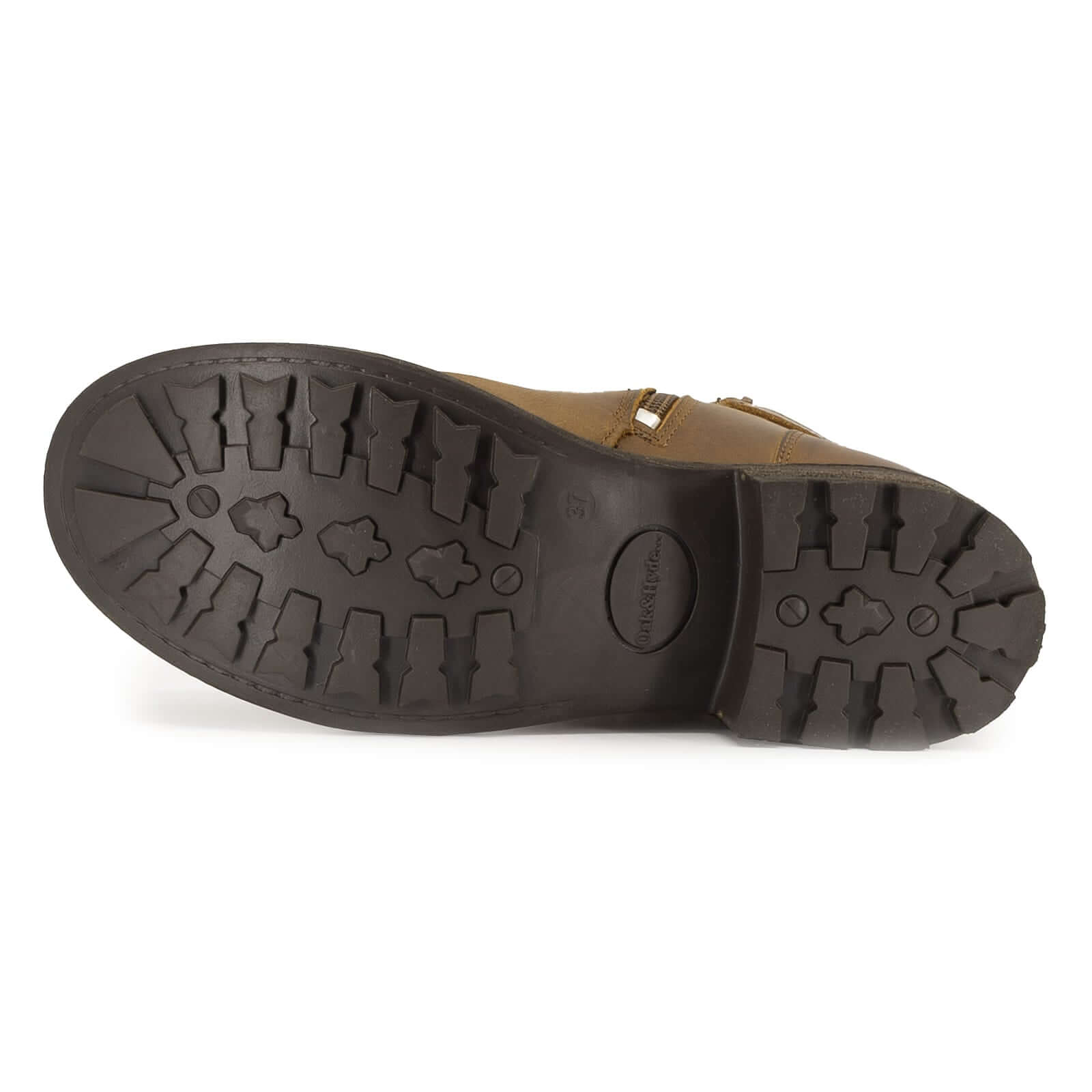 Outsole of cognac Bridge Demi 2 ankle boots showing tread pattern and heel