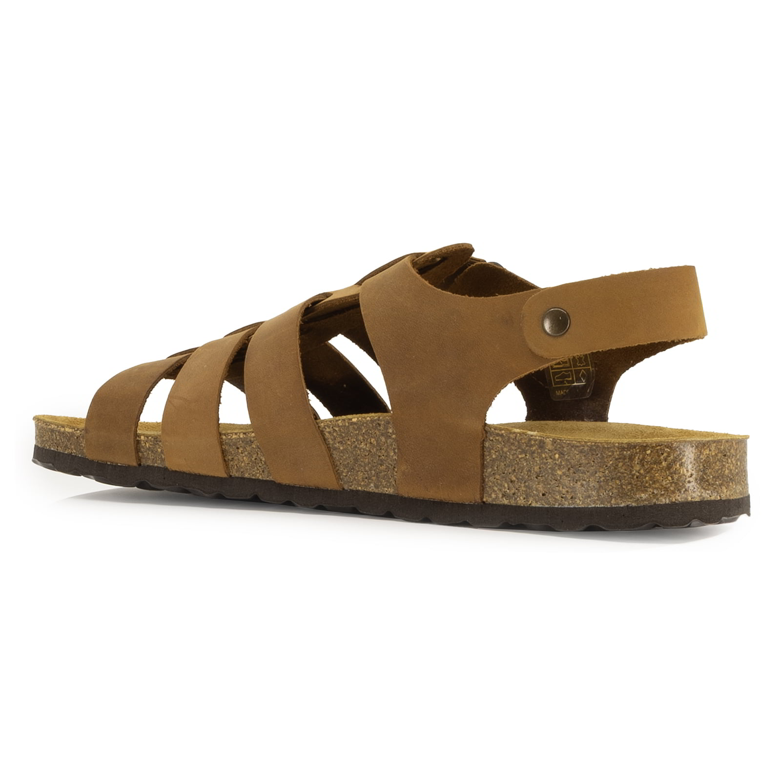side view of tan oak & hyde castro sandals showing adjustable heel strap and leather upper