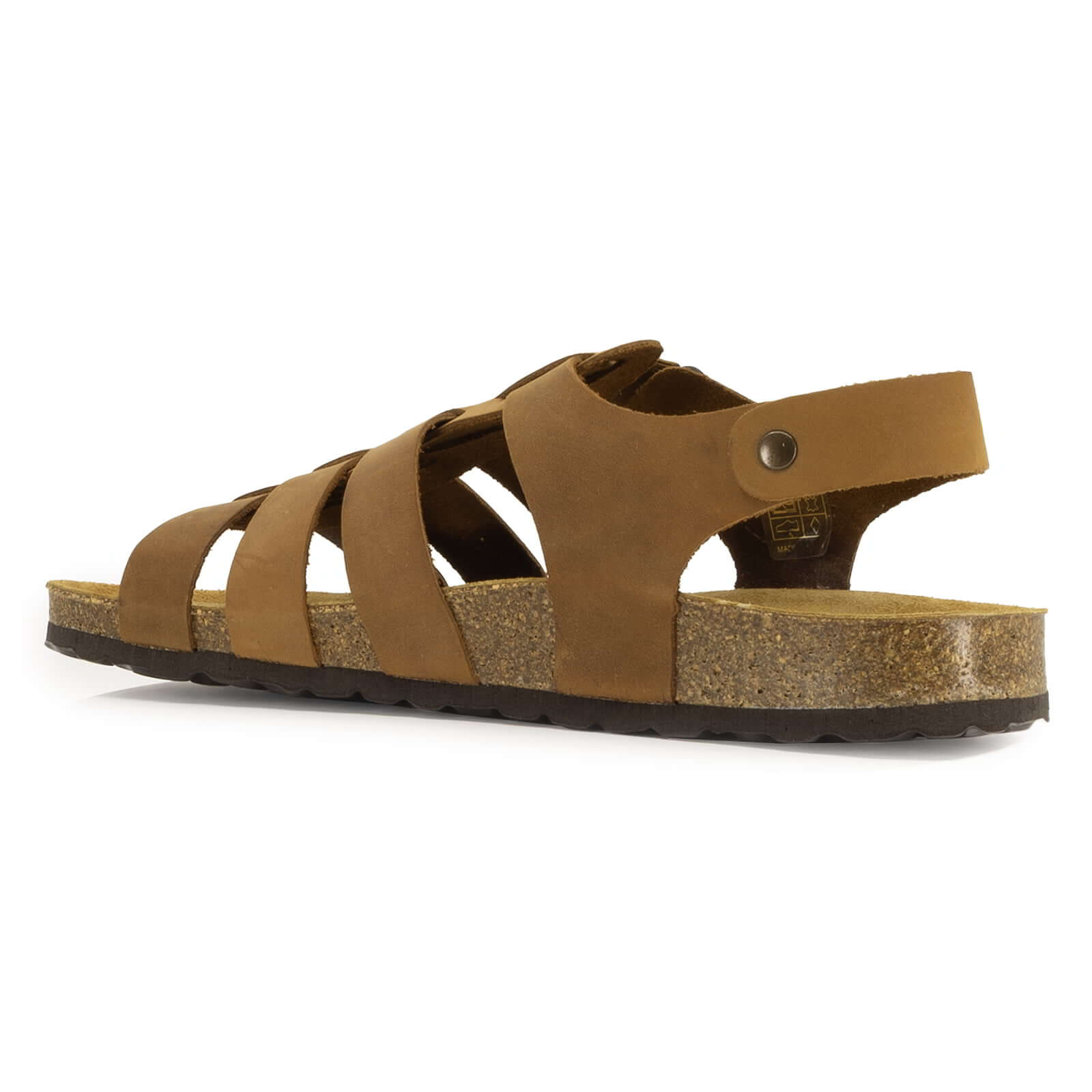 side view of tan oak & hyde castro sandals showing adjustable heel strap and leather upper