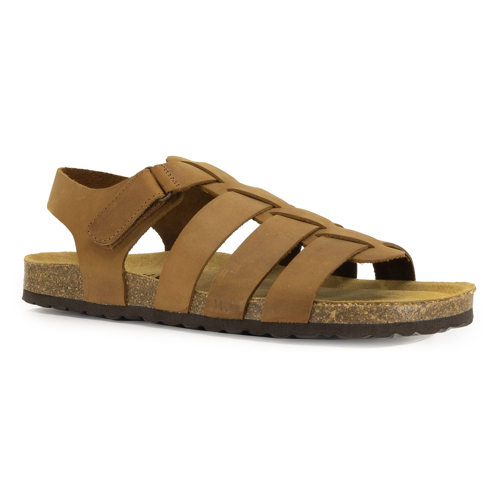 angled front view of tan oak & hyde castro sandals showing open toe design and woven strap layout