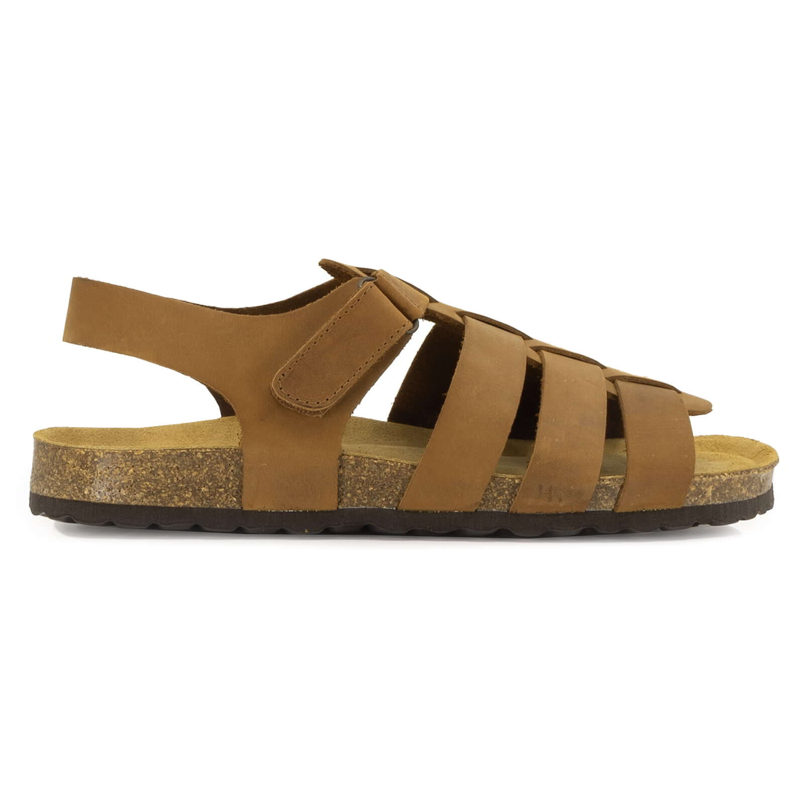 side profile of tan oak & hyde castro sandals with multi strap leather upper and cork footbed
