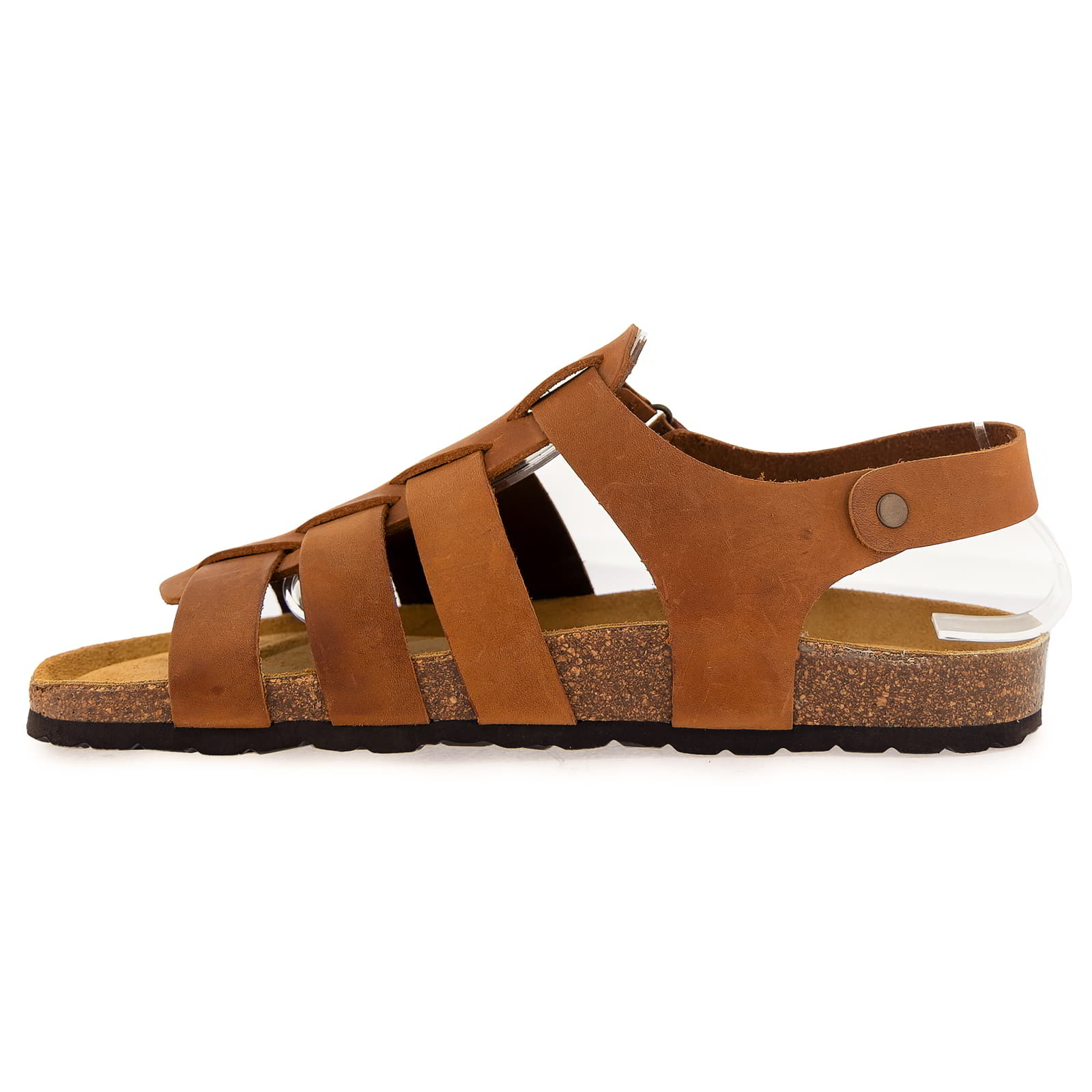 Side view of tan leather fisherman sandal with woven straps and cork footbed