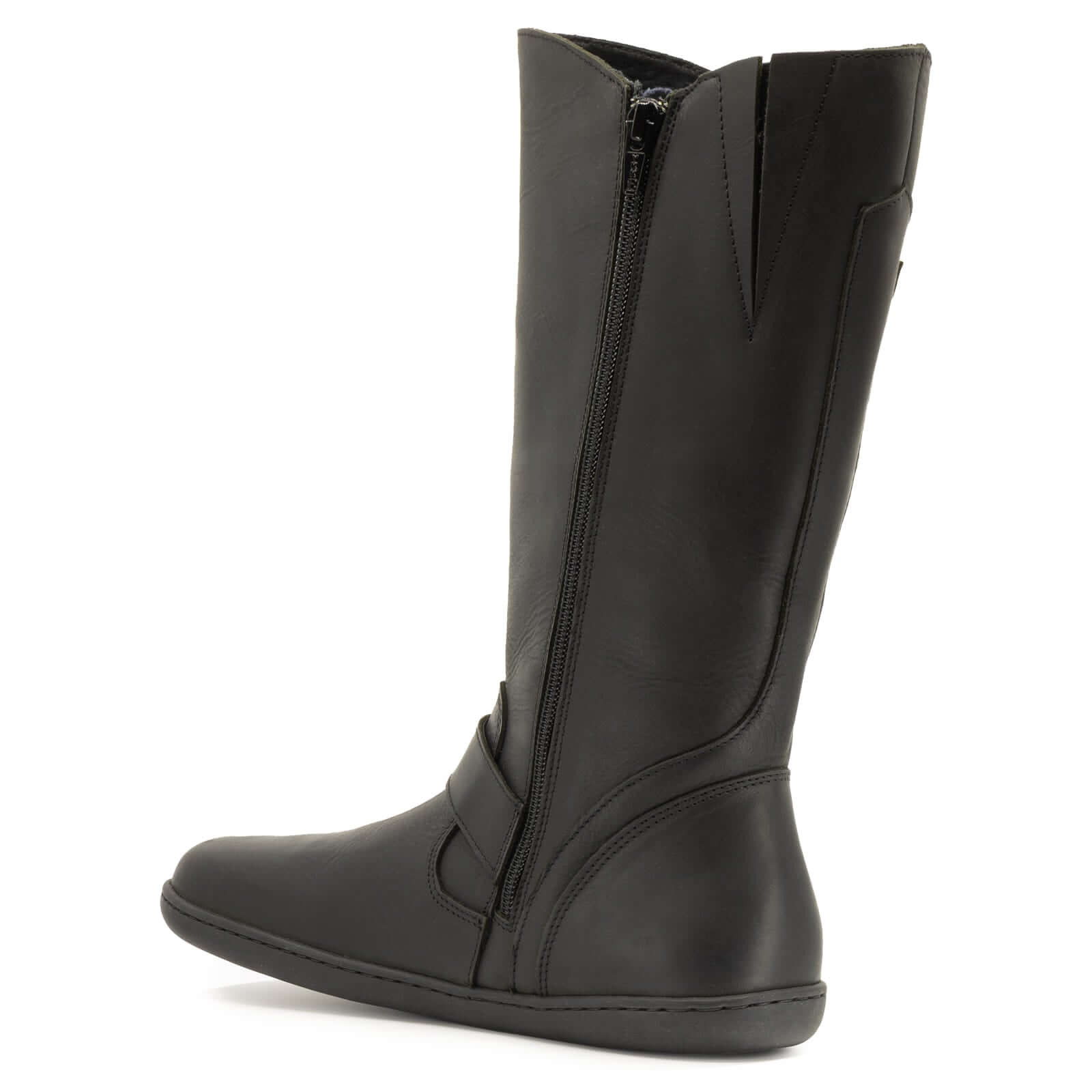 angled inside view of black cedar barefoot boots showing full inside zip