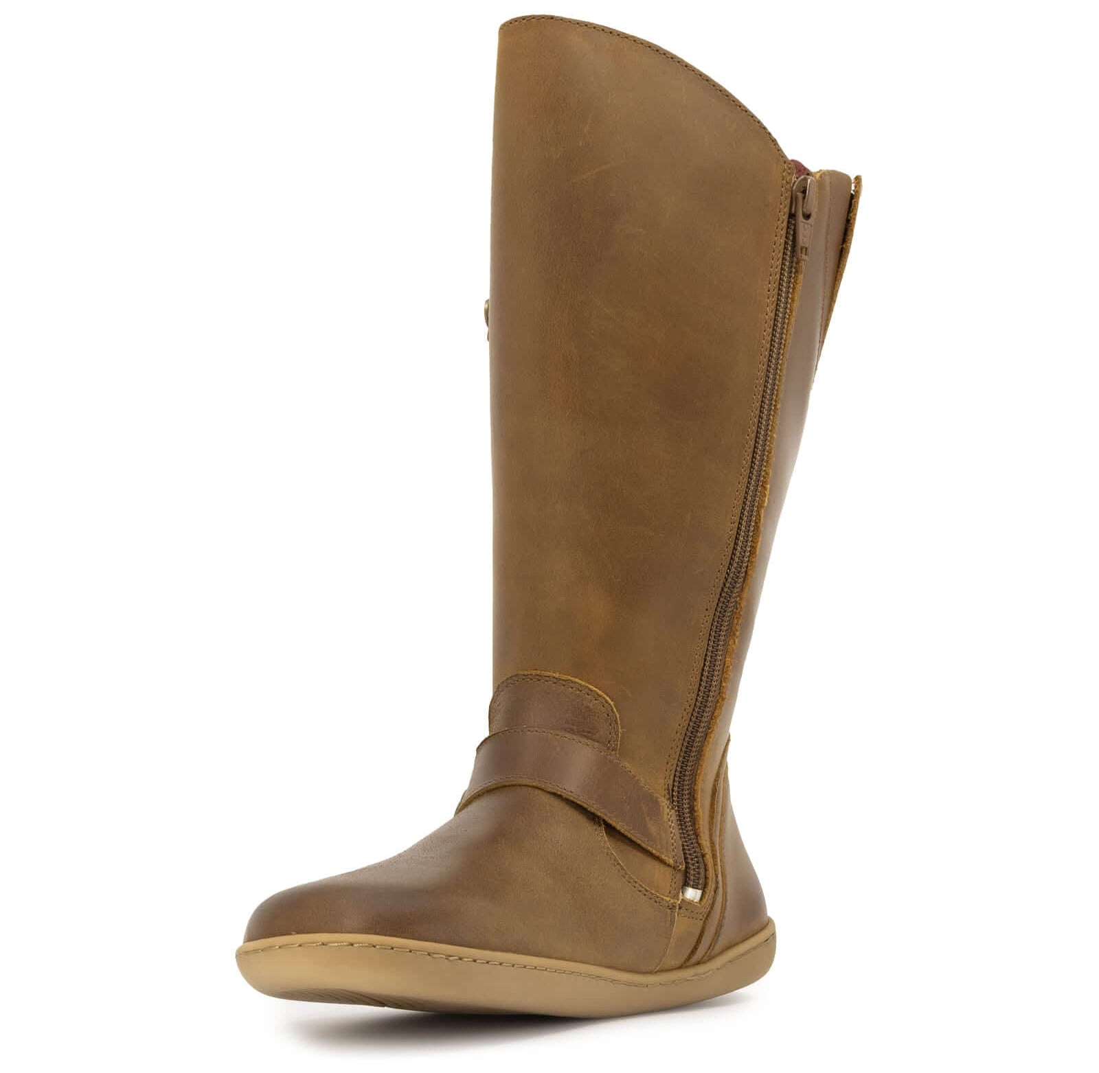 tan barefoot boots with inside zip on white background