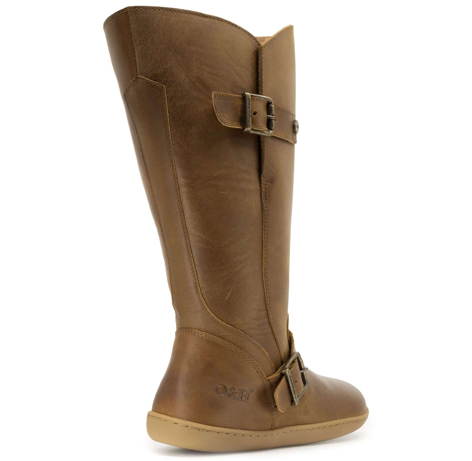 tan leather barefoot boots showing O&H heel logo on white background