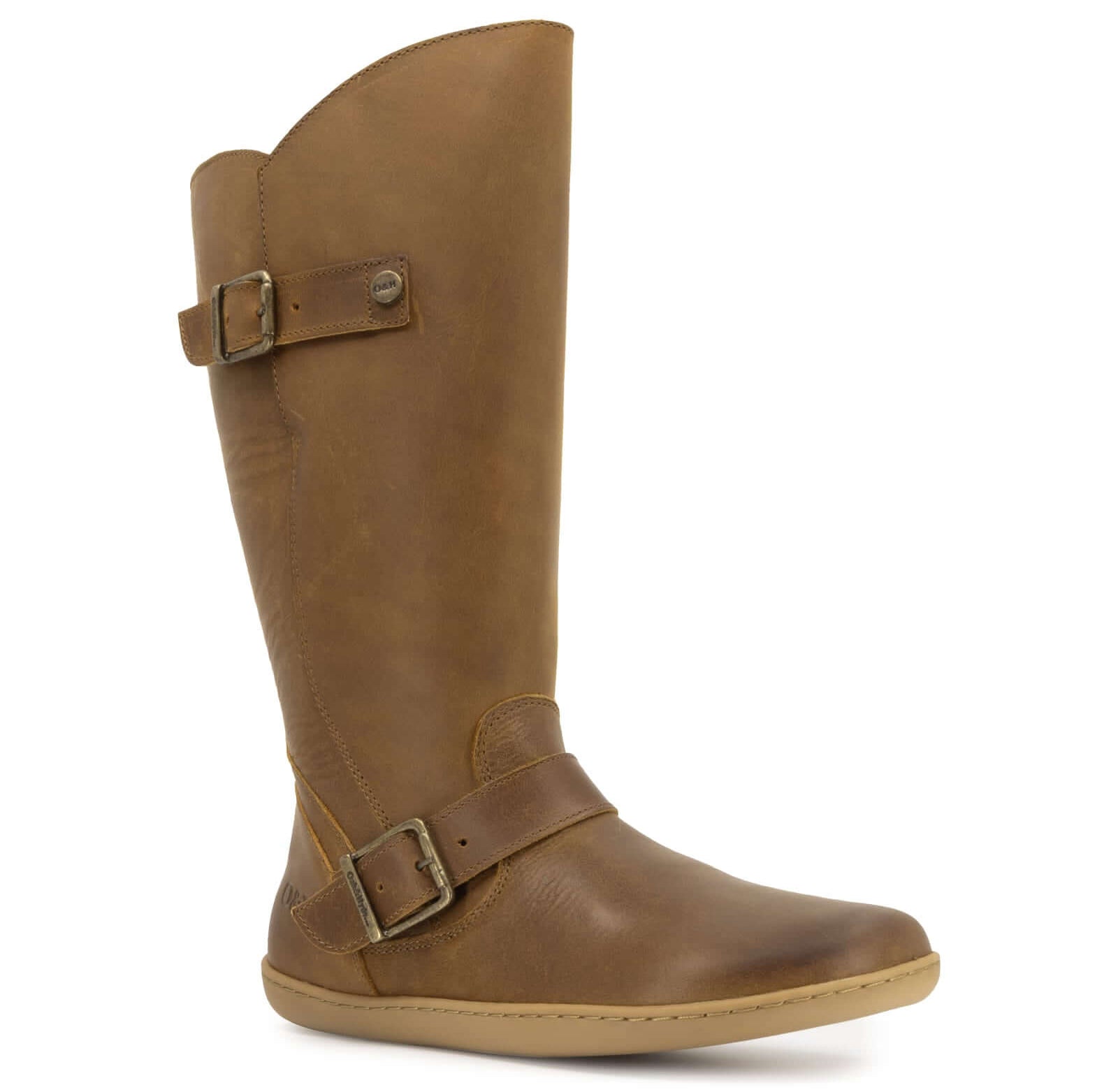 front angle view of tan barefoot boots with gum outsole on white background