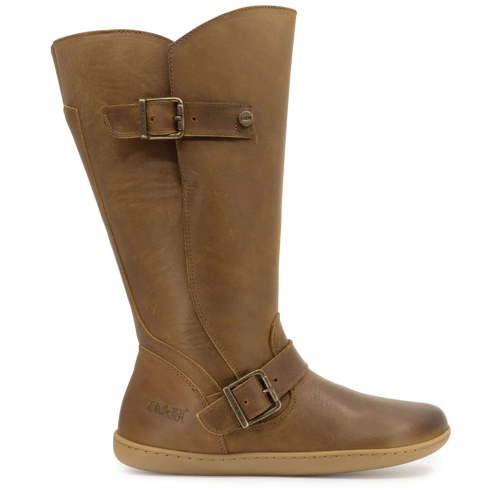 tan barefoot boots with buckles and wide calf fitting on white background