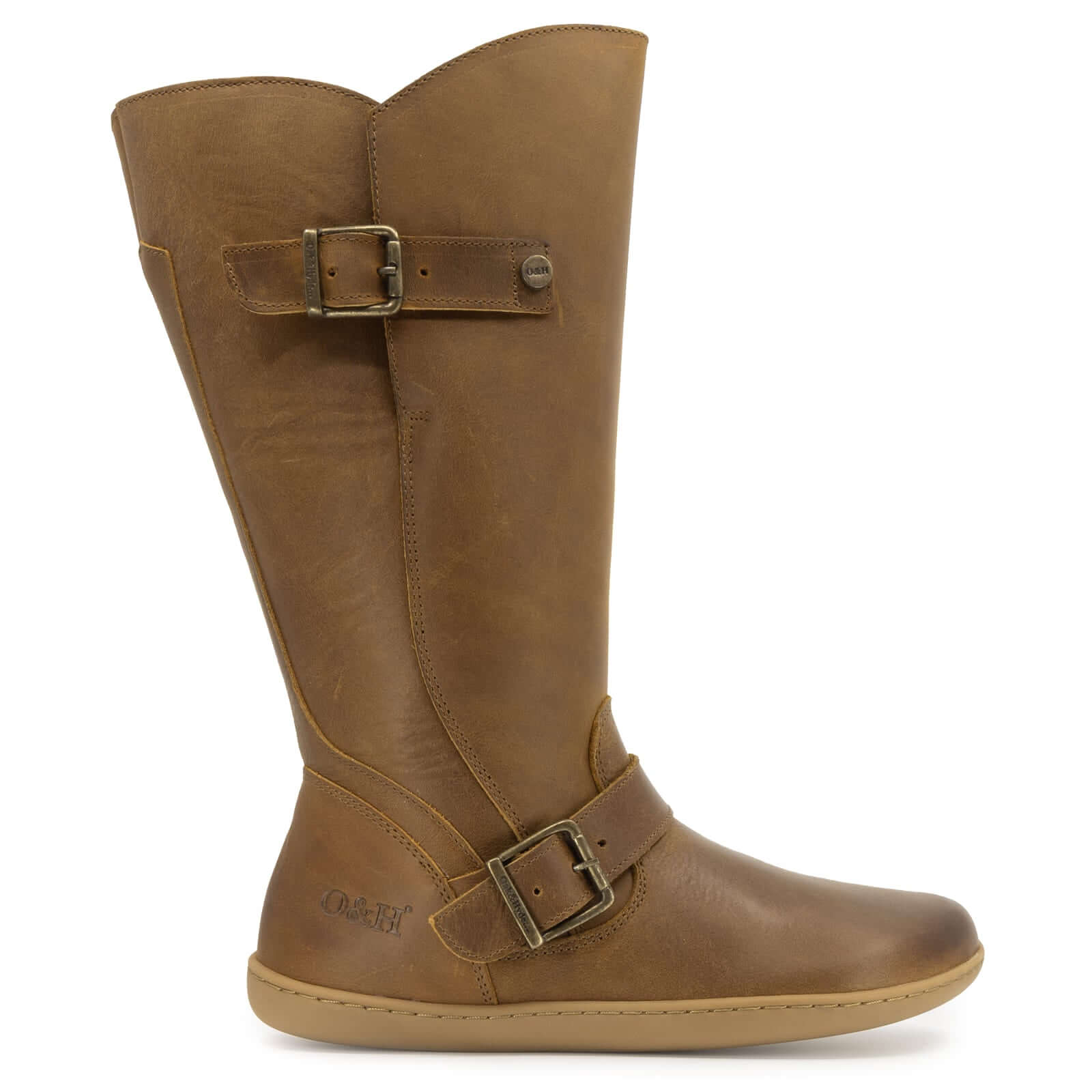 tan barefoot boots with buckles and wide calf fitting on white background