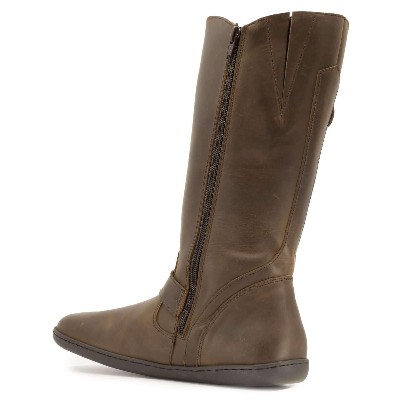 inside angled view of cedar barefoot boots in dark brown showing inside zipper