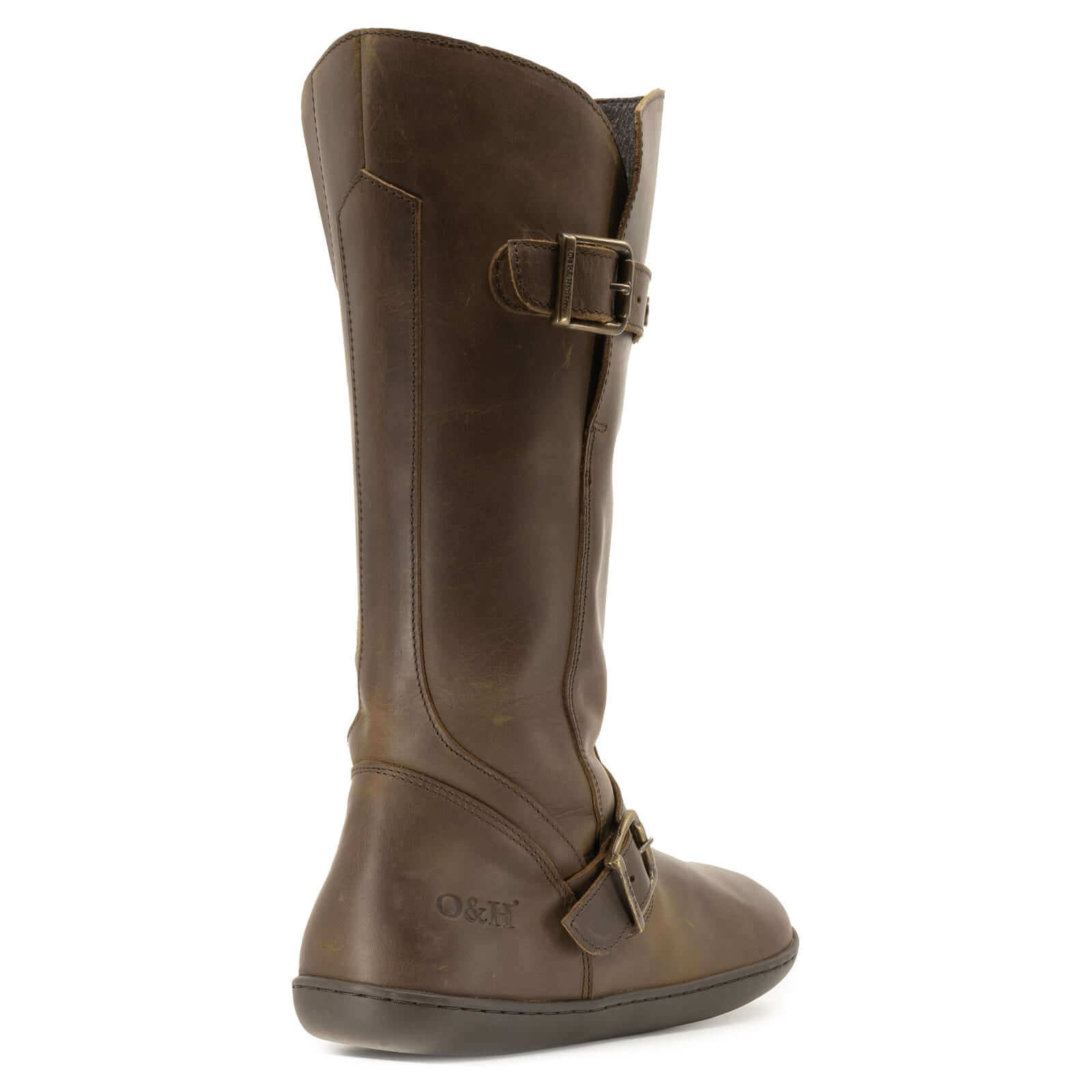 heel view of dark brown cedar barefoot boots showing O&H branding