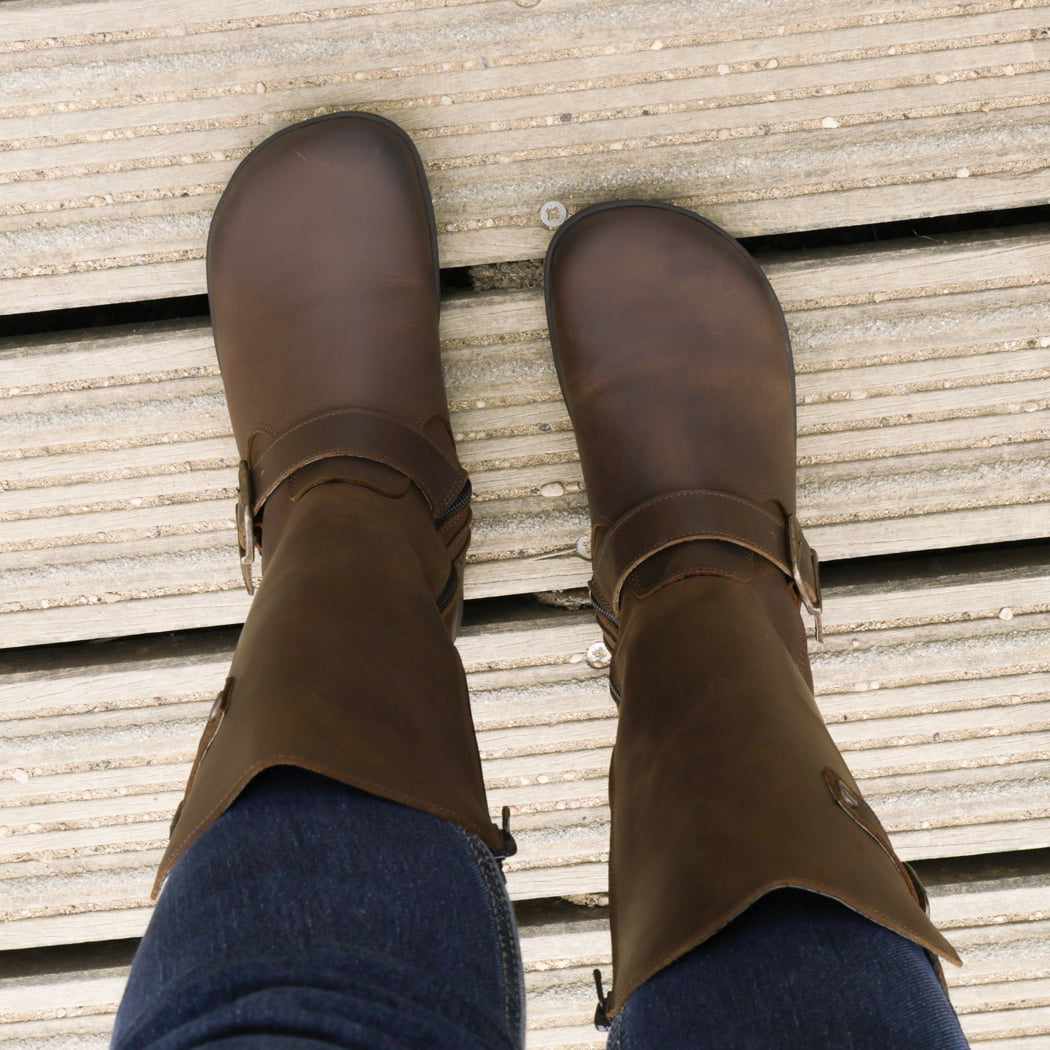 top down view of cedar barefoot boots in dark brown showing the toe shape