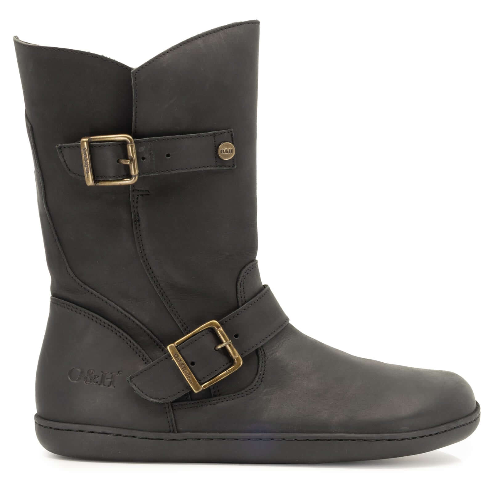 side profile view of cedar demi barefoot boots showing buckle detailing