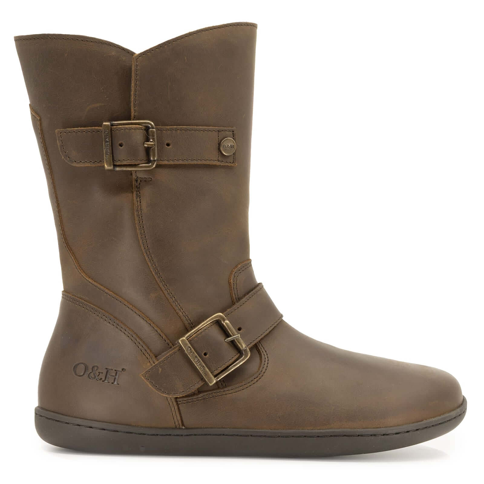 Side view of cedar demi barefoot boots in dark brown showing buckle detail