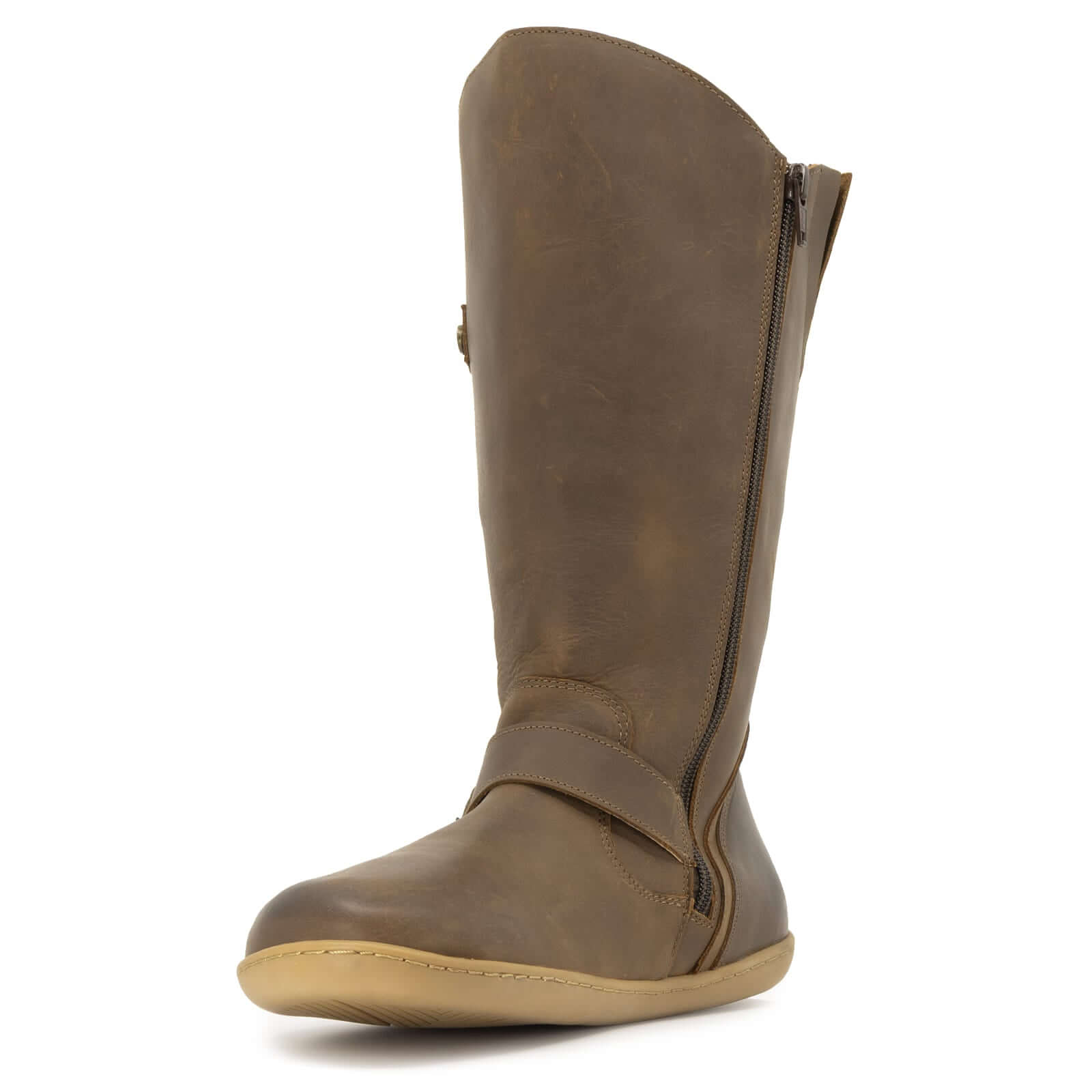 front view of cedar wide calf barefoot boots in brown showing toe and front of boots