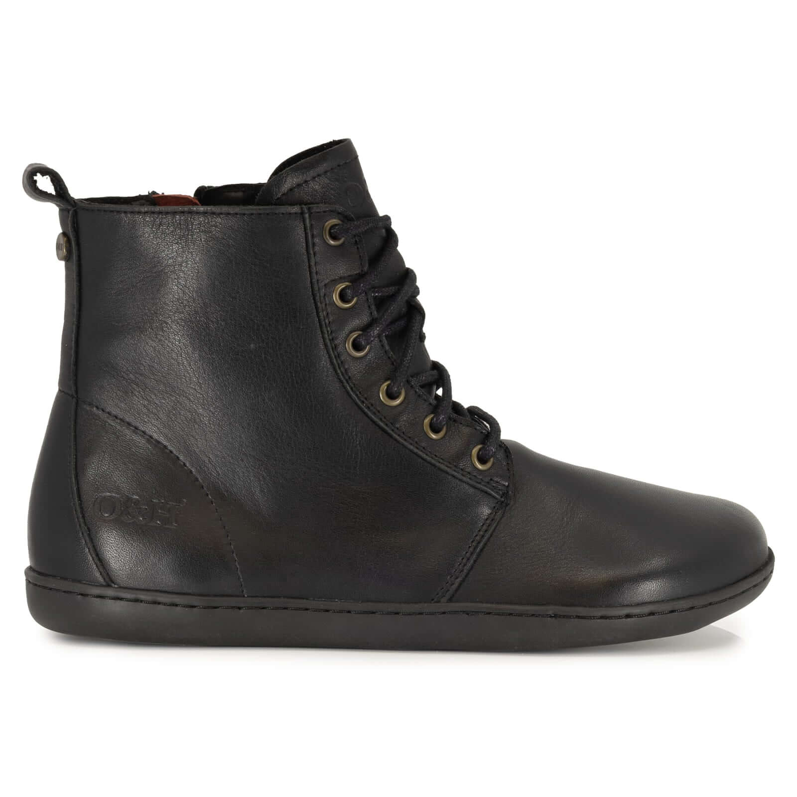 side profile of cherry barefoot boots in black showing leather upper and branding
