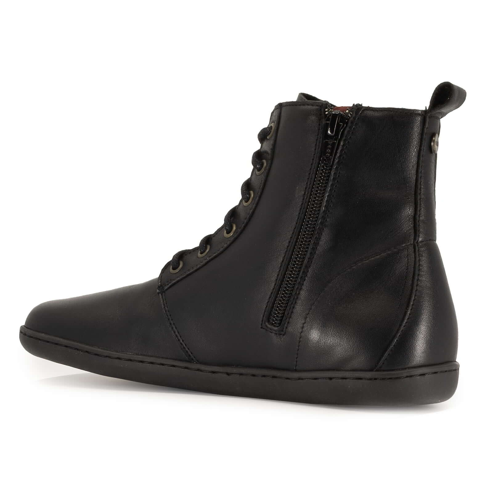 inside angled view of cherry barefoot ankle boots in black showing inside zip