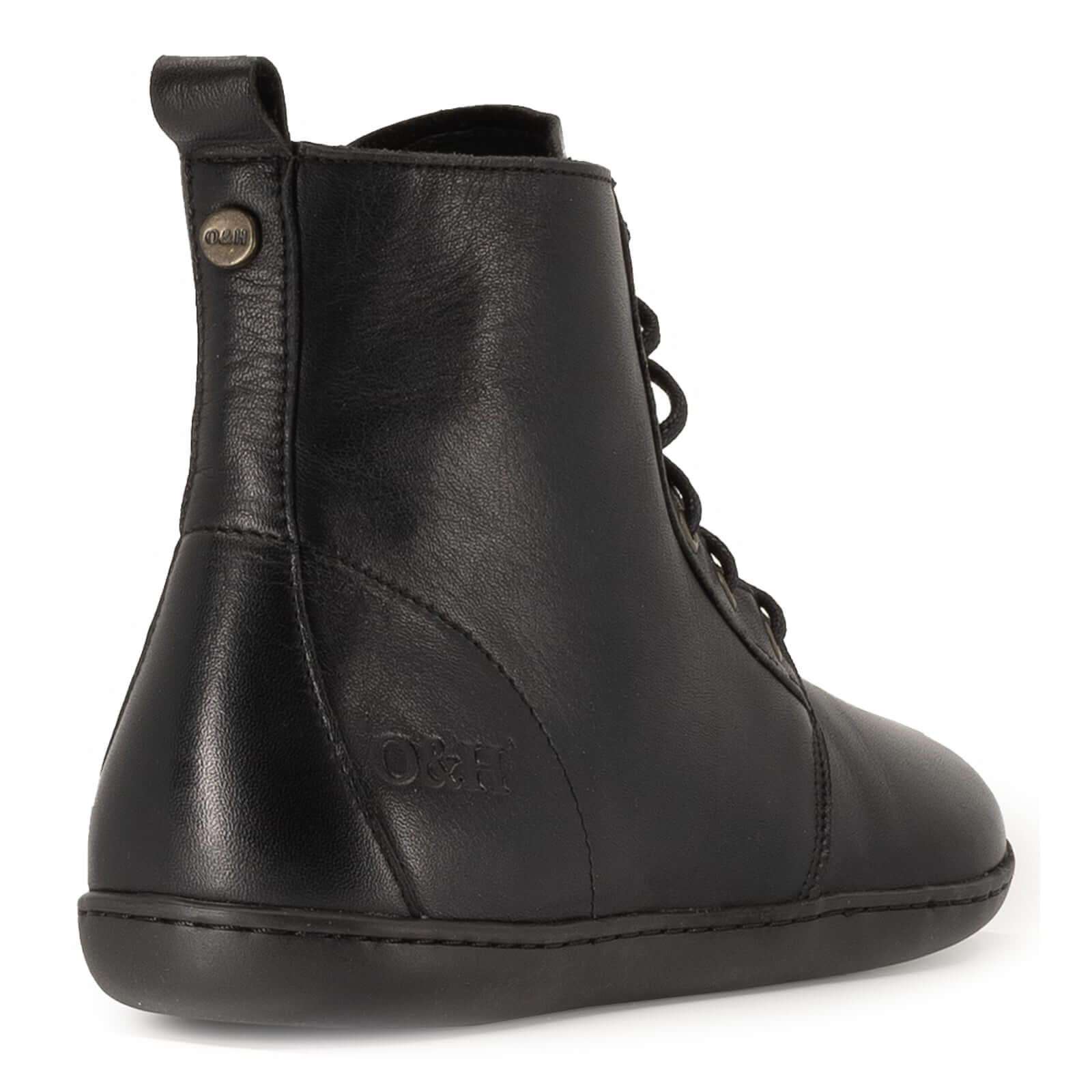 rear view of cherry barefoot boots in black showing O&H branding and heel pull tab