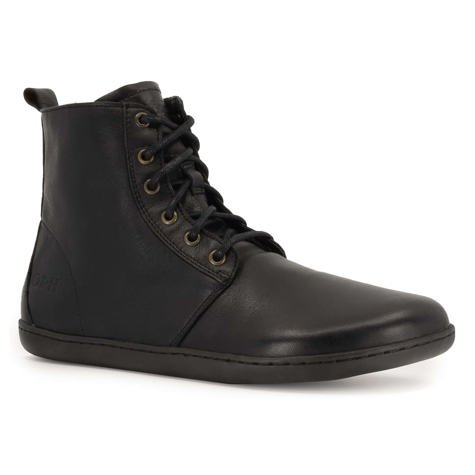 angled view of cherry barefoot an ankle boots in black showing front laces