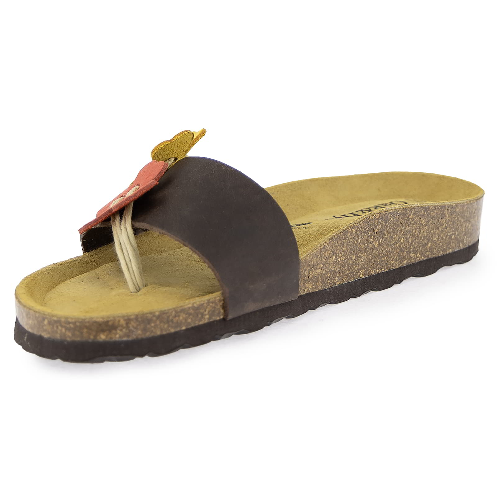 Front angled view of Clover brown sandal showing floral strap detail
