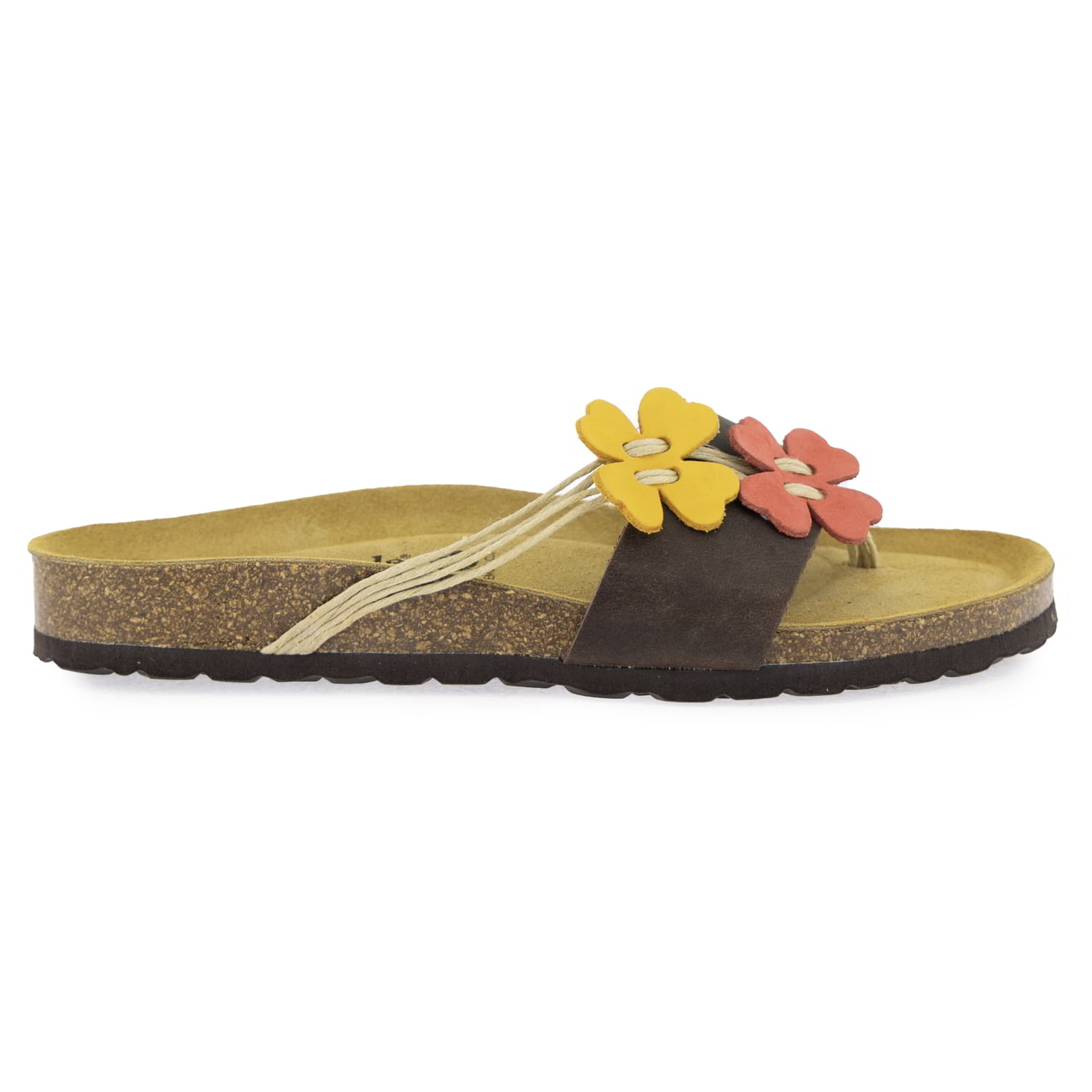 Side profile of Clover sandal in brown with red and yellow floral detail