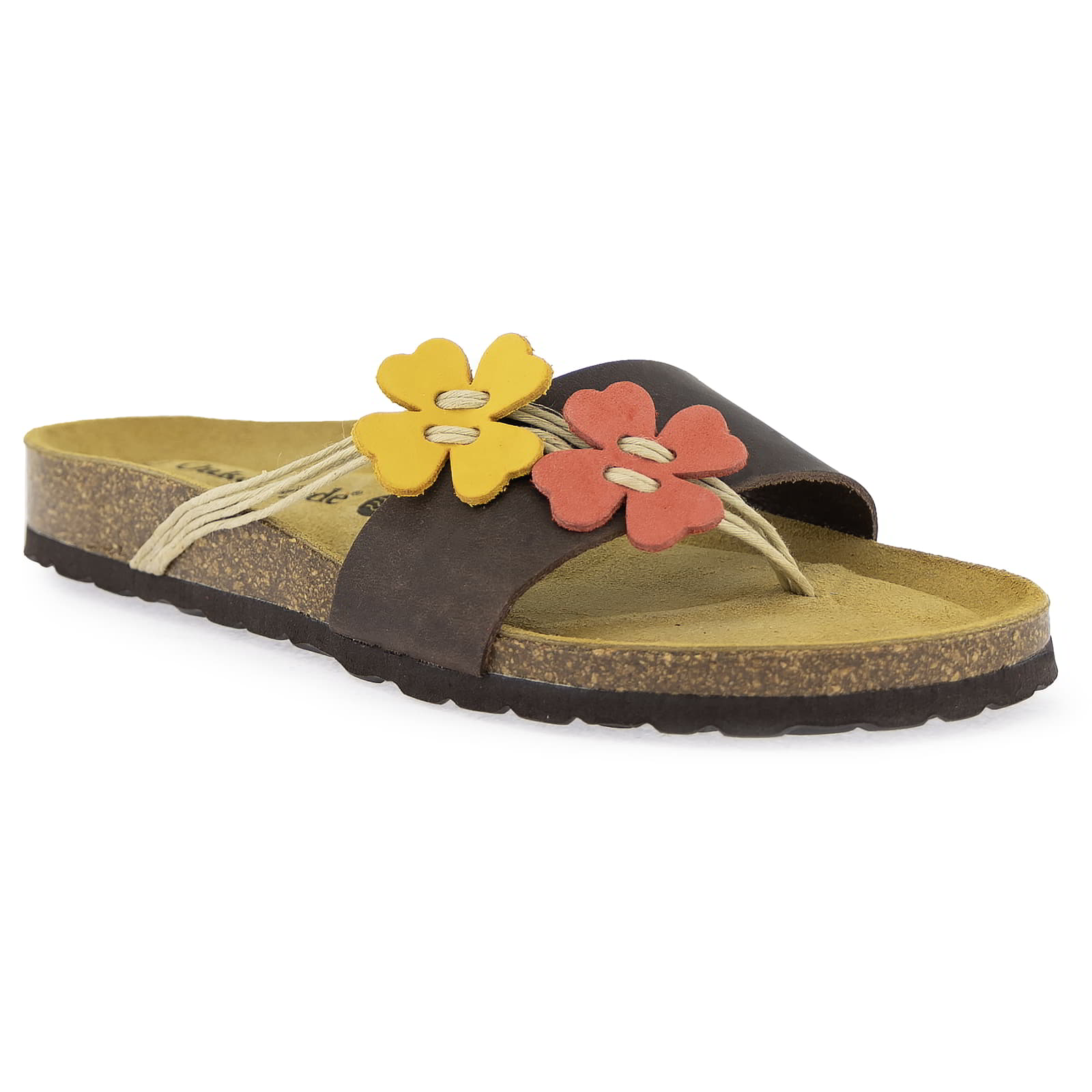 Three quarter view of Clover brown sandal with red and yellow flower accents