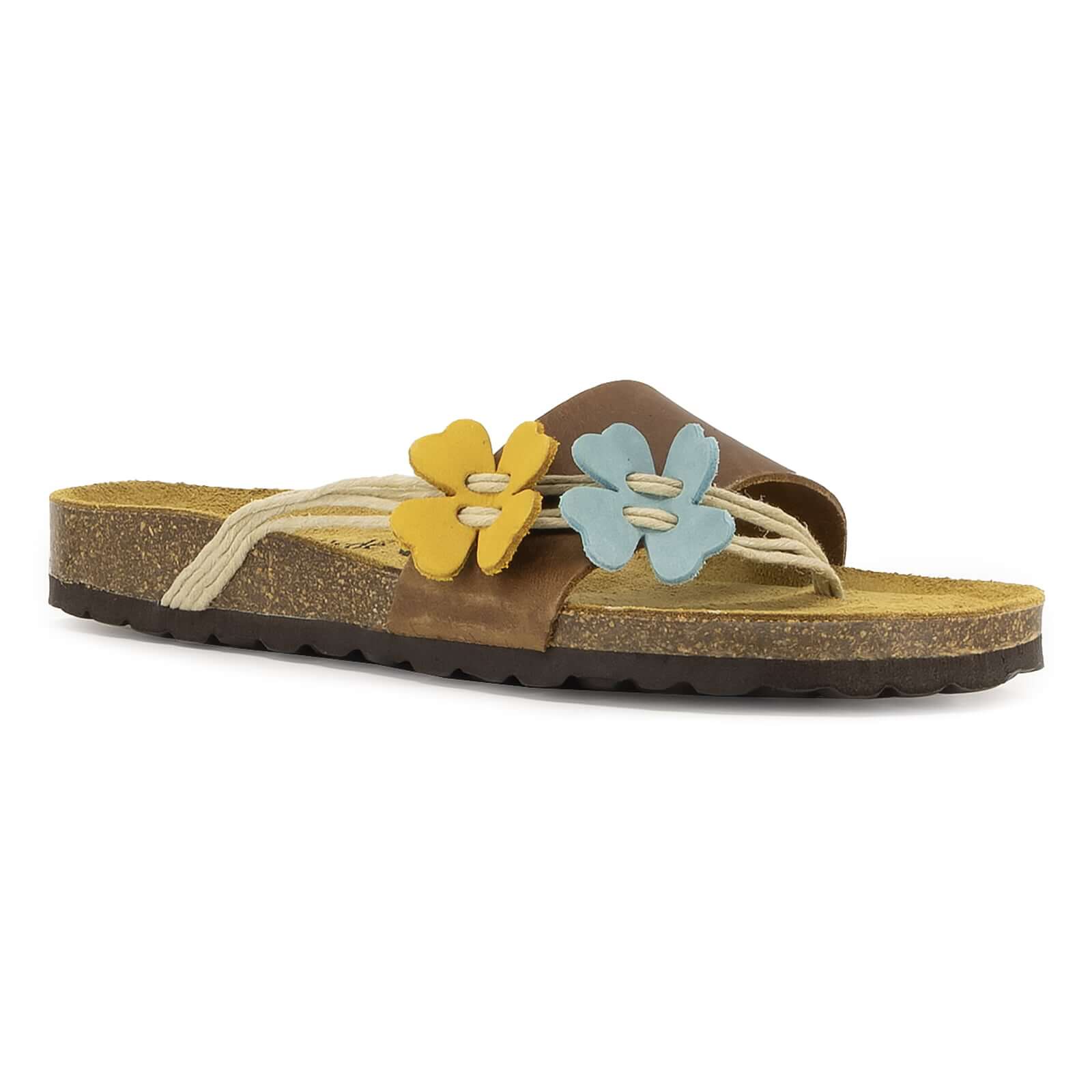 angled front view of tan oak & hyde clover sandals showing toe post strap and decorative flower accents