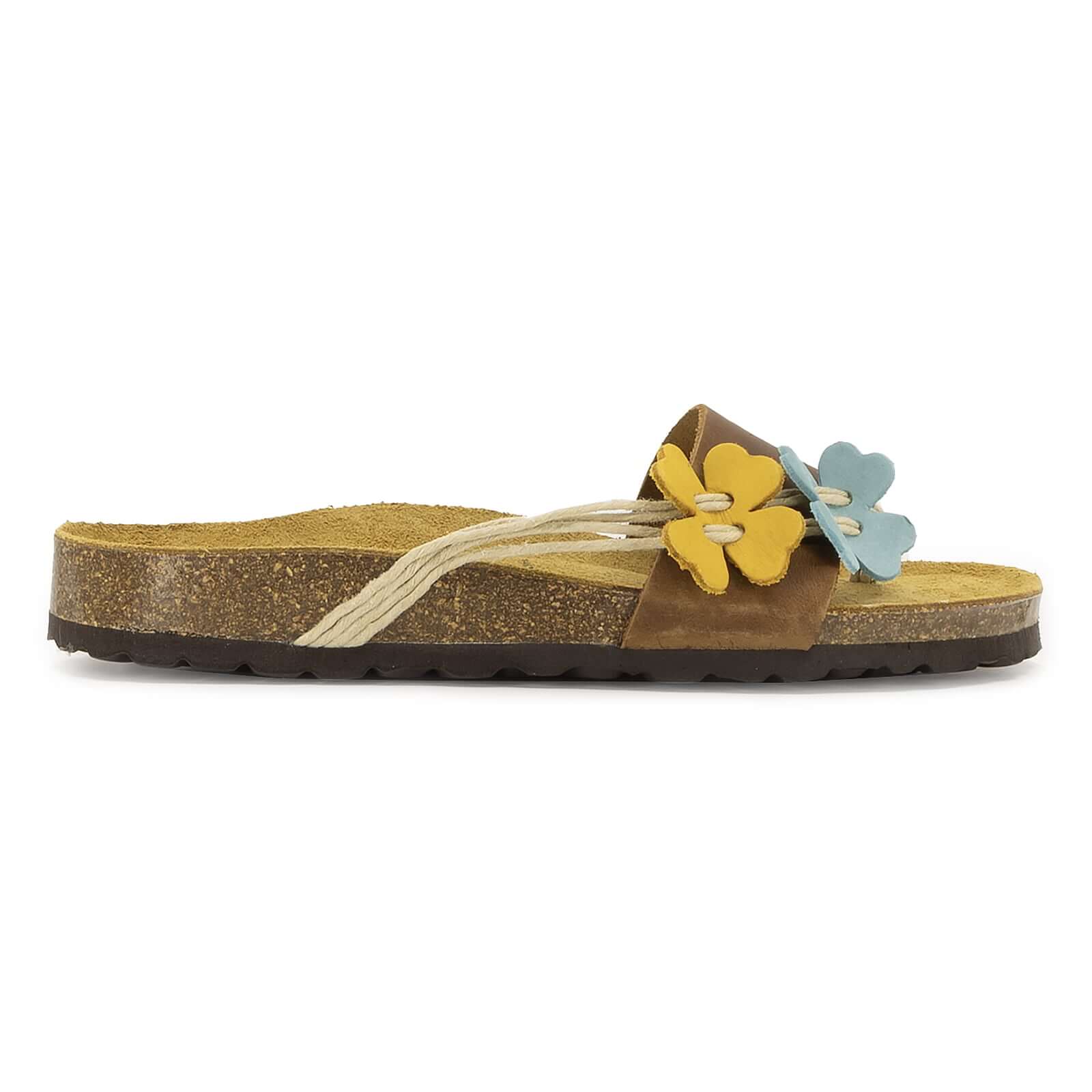 side profile of tan oak & hyde clover sandals with aqua and lemon flower detail and cork footbed