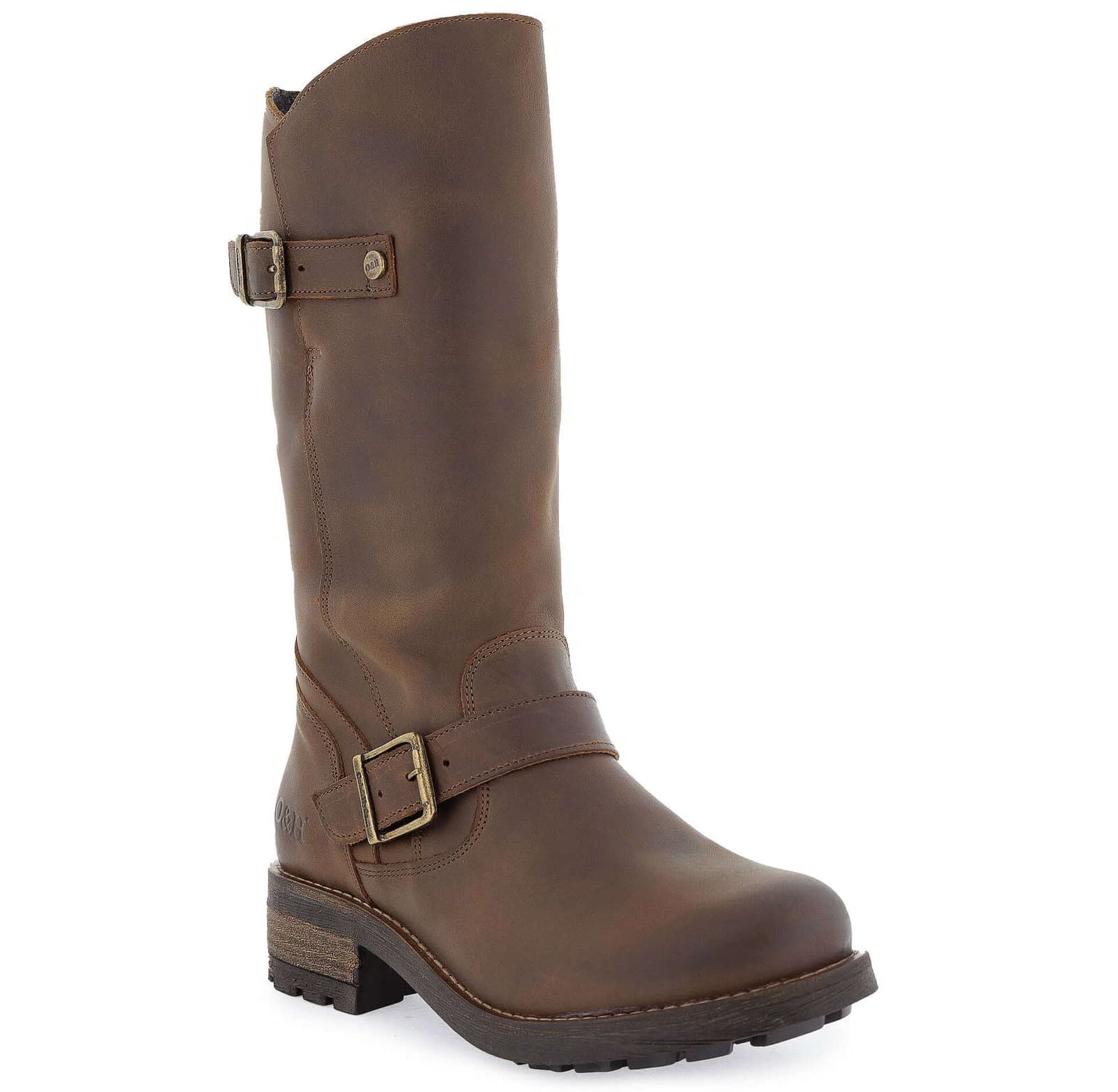 Front angled view of dark brown Crest 2 tall boots with buckle detail