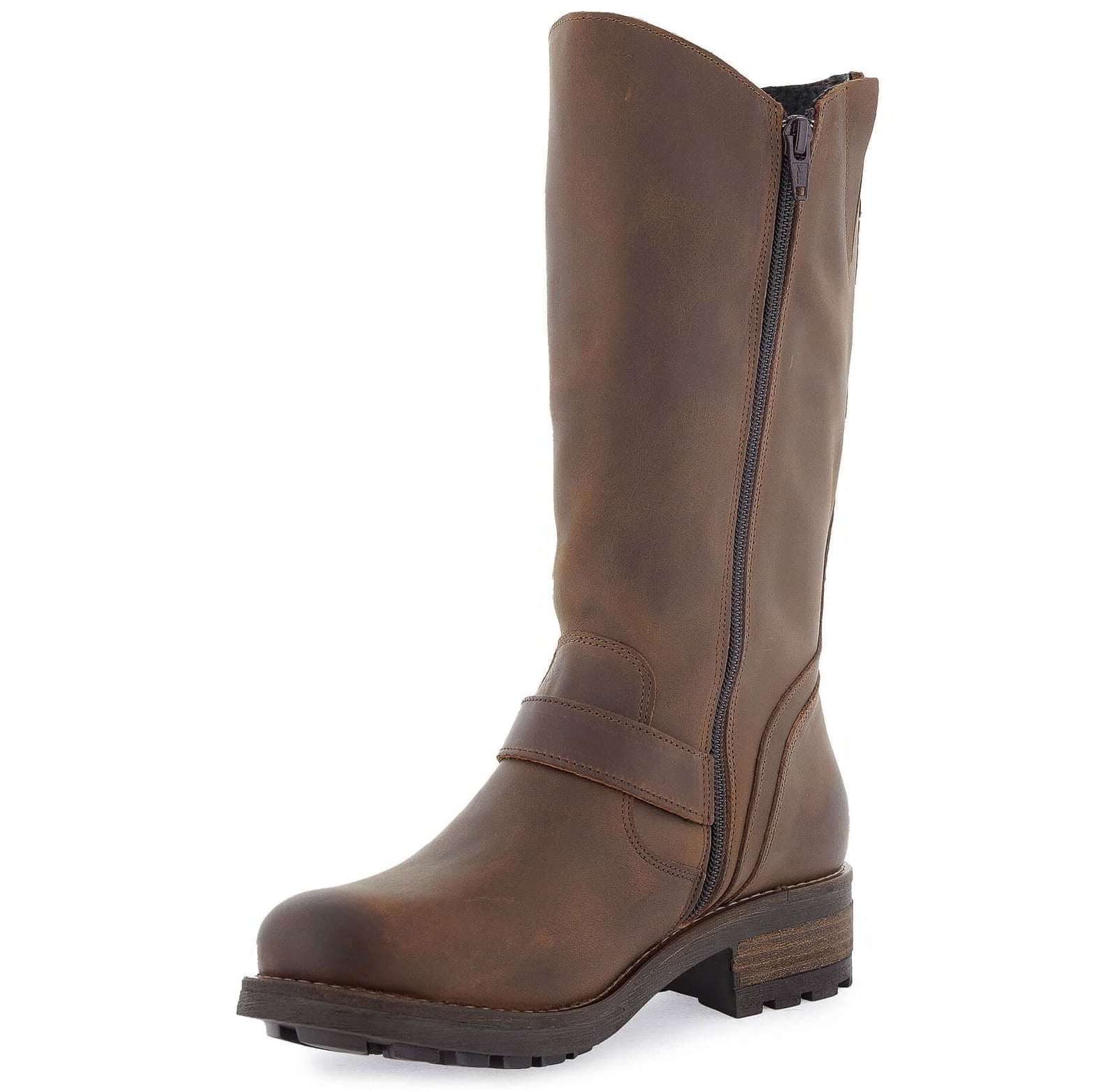Inner side view of dark brown Crest 2 tall boots showing smooth leather and zip