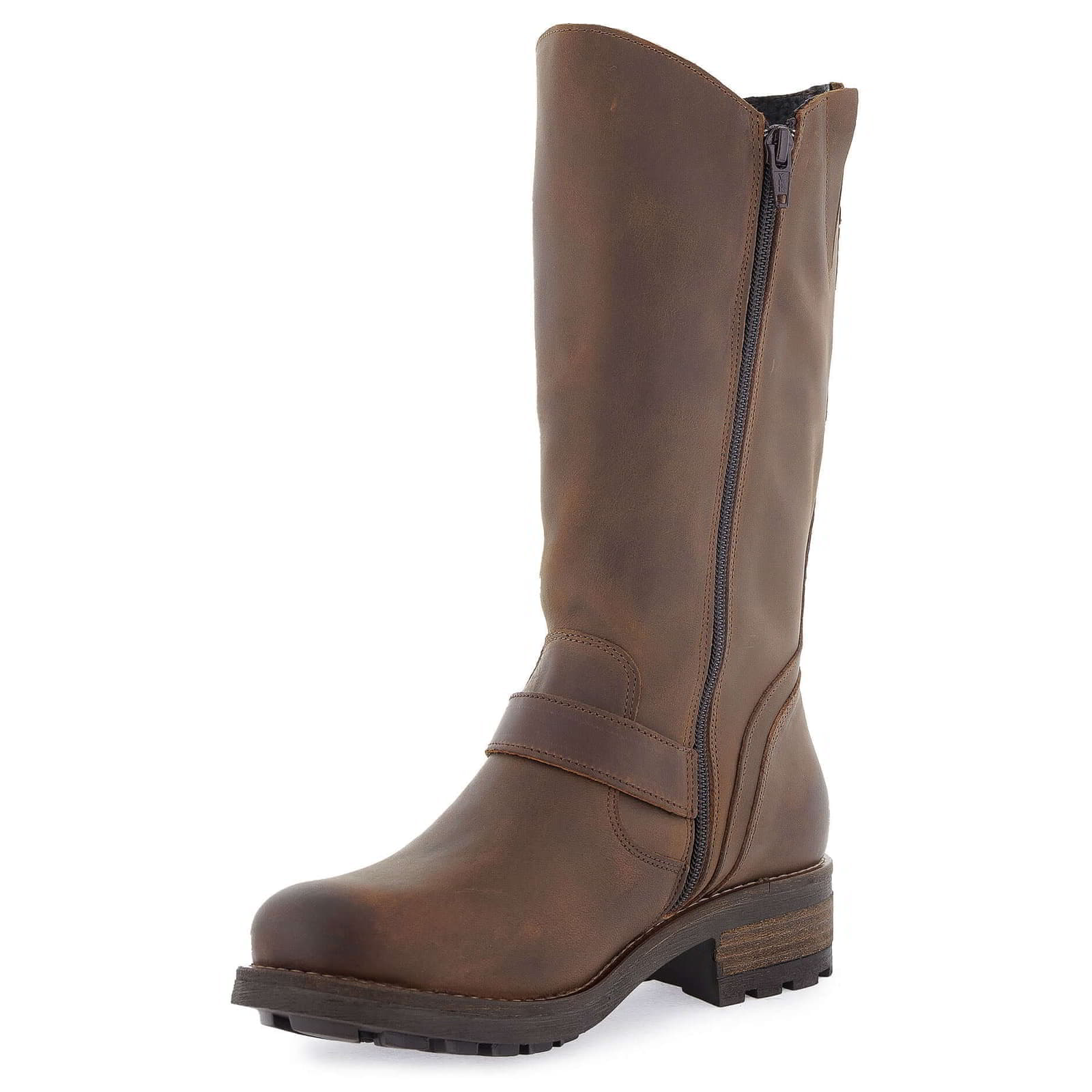 Inner side view of dark brown Crest 2 tall boots showing smooth leather and zip