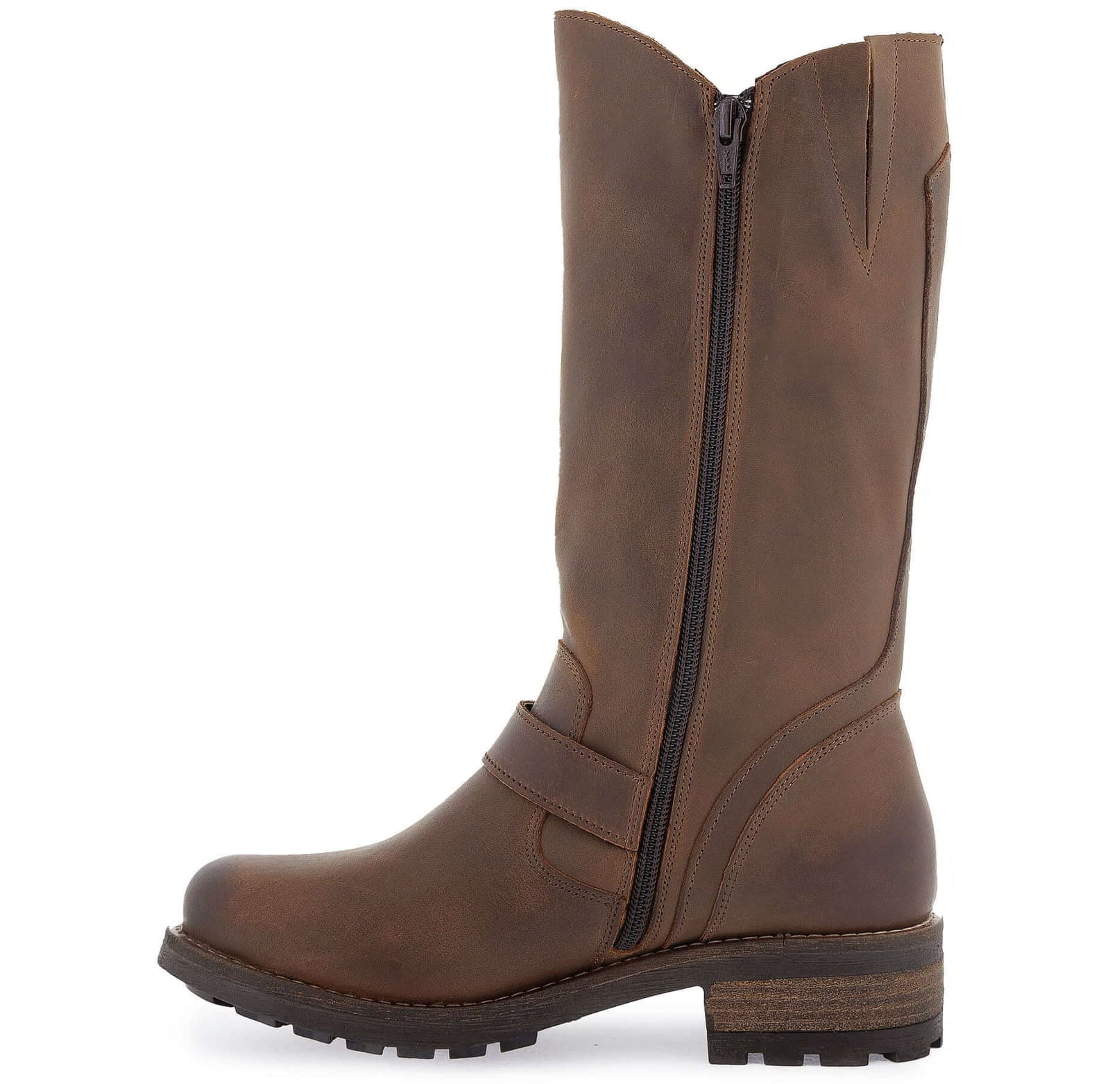 Outer side view of dark brown Crest 2 tall boots highlighting ankle buckle